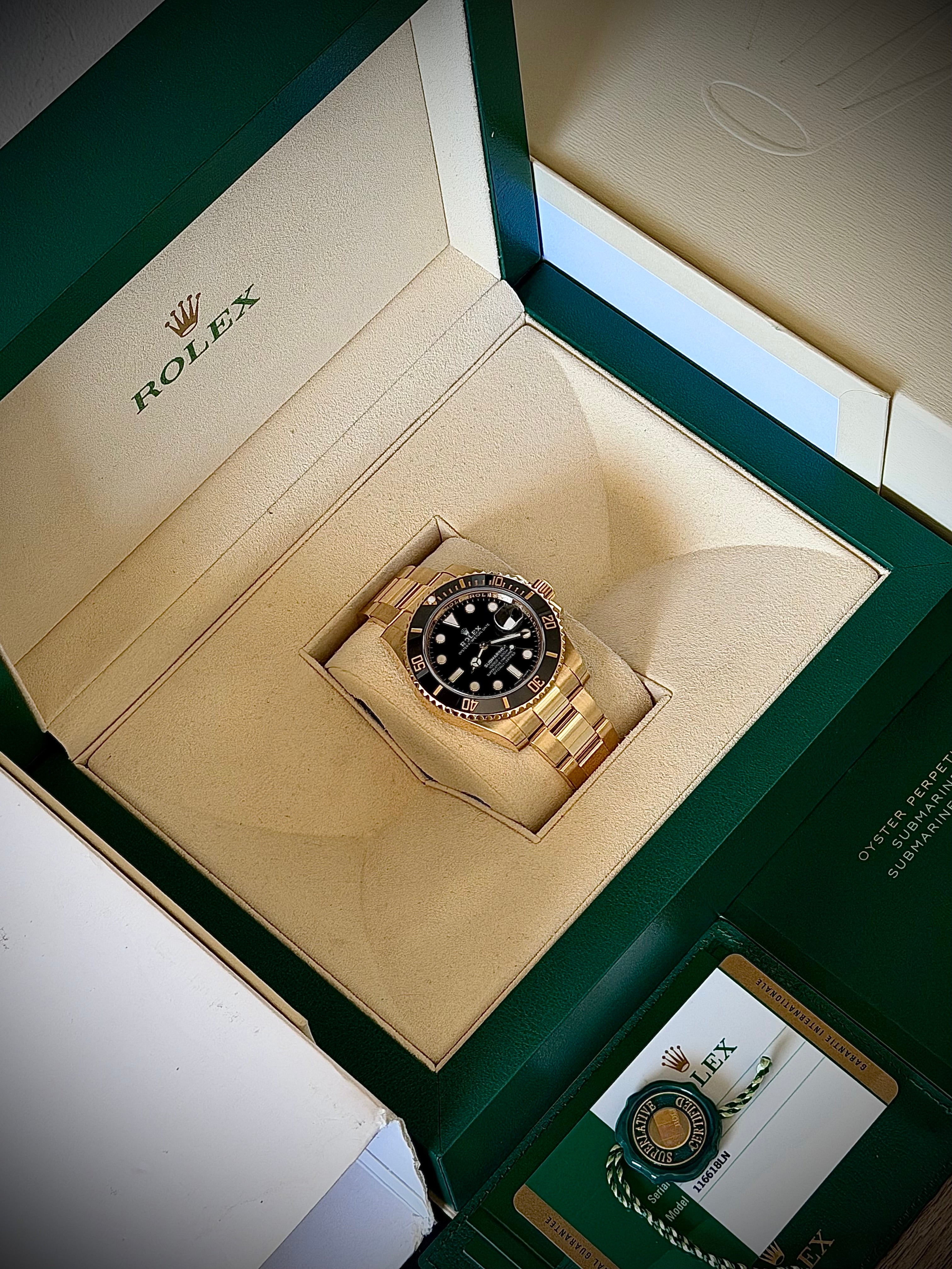 2019 ROLEX SUBMARINER DATE, YELLOW GOLD, 116618LN, BOX FULL SET, INC GST