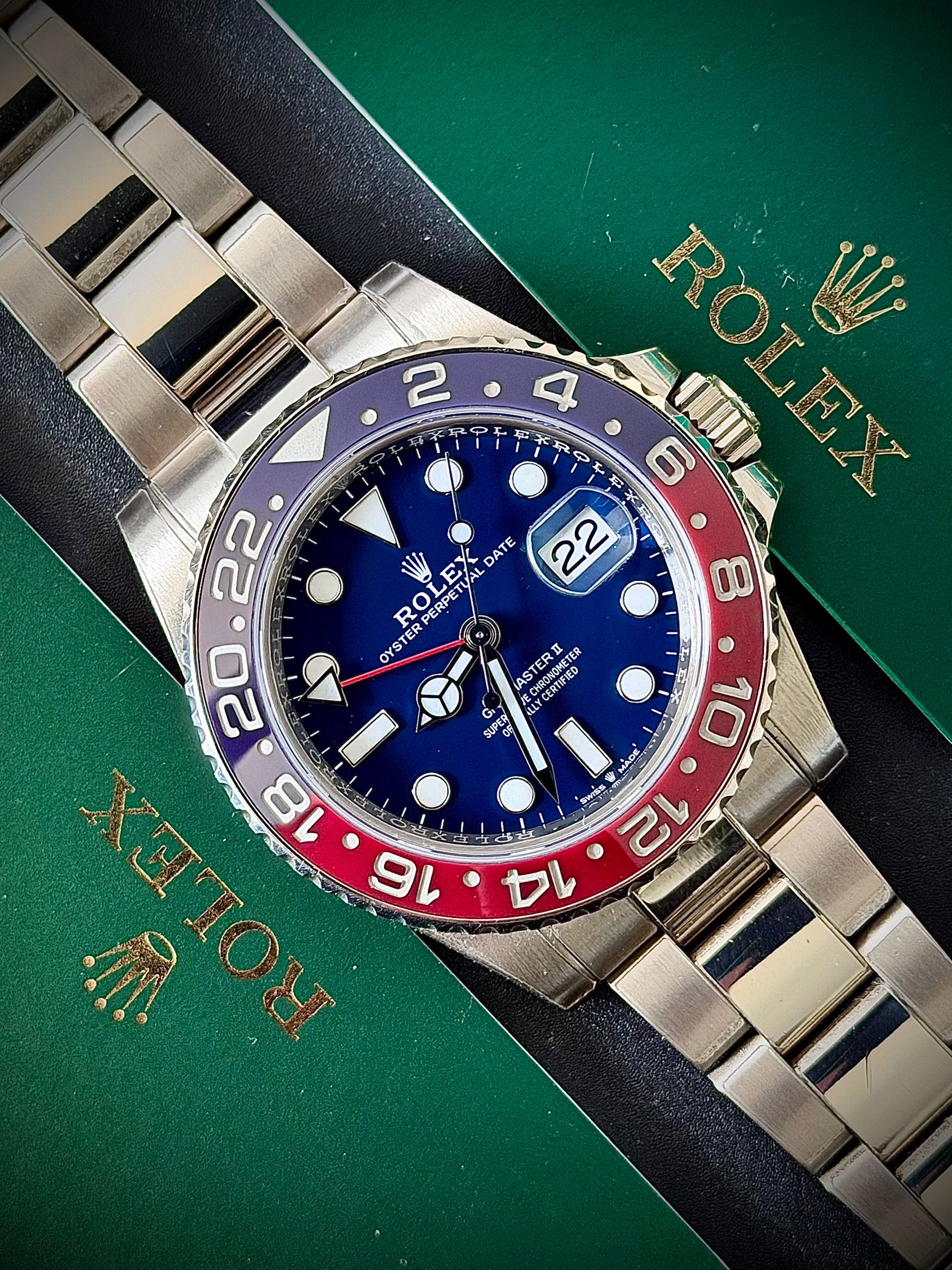2020 ROLEX GMT MASTER II, PEPSI, WHITE GOLD, BLUE DIAL, 126719BLRO, FULL SET, INC GST