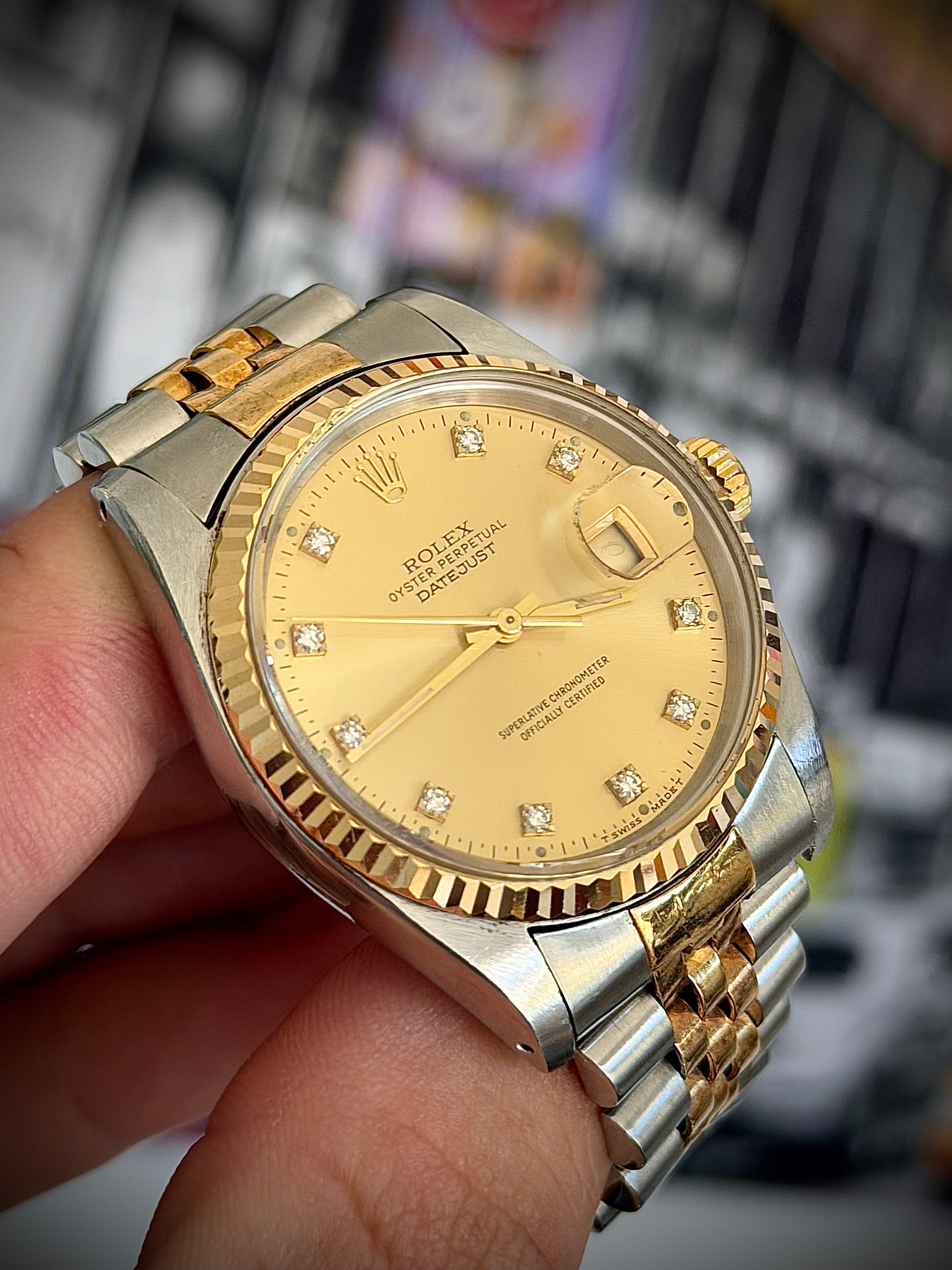 1991 ROLEX DATEJUST 36, TWO TONE, DIAMOND DIAL, 16233, WATCH ONLY, INC GST