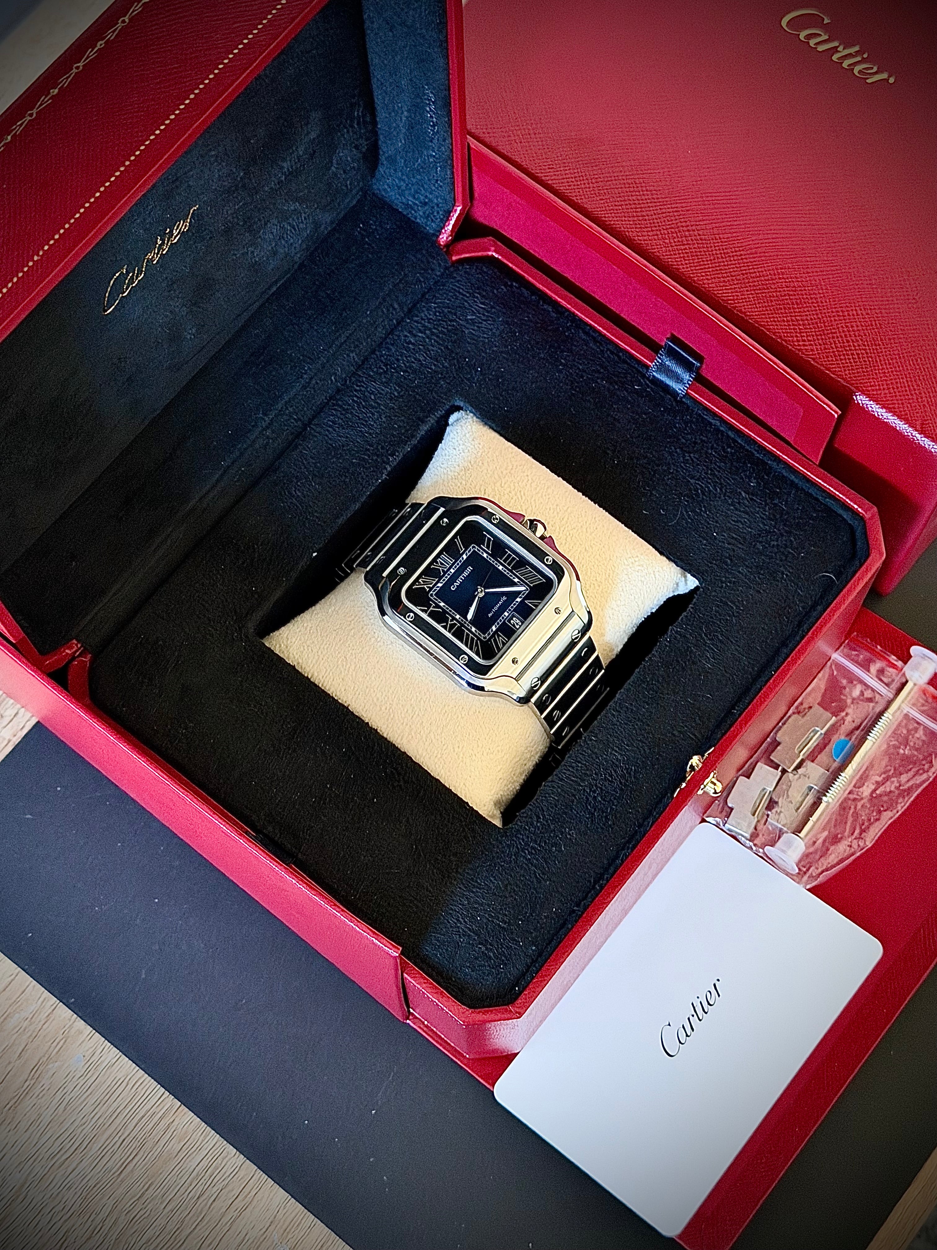 2024 CARTIER SANTOS DE CARTIER LARGE, BLUE DIAL, WSSA0030, BOX AND PAPERS, INC GST