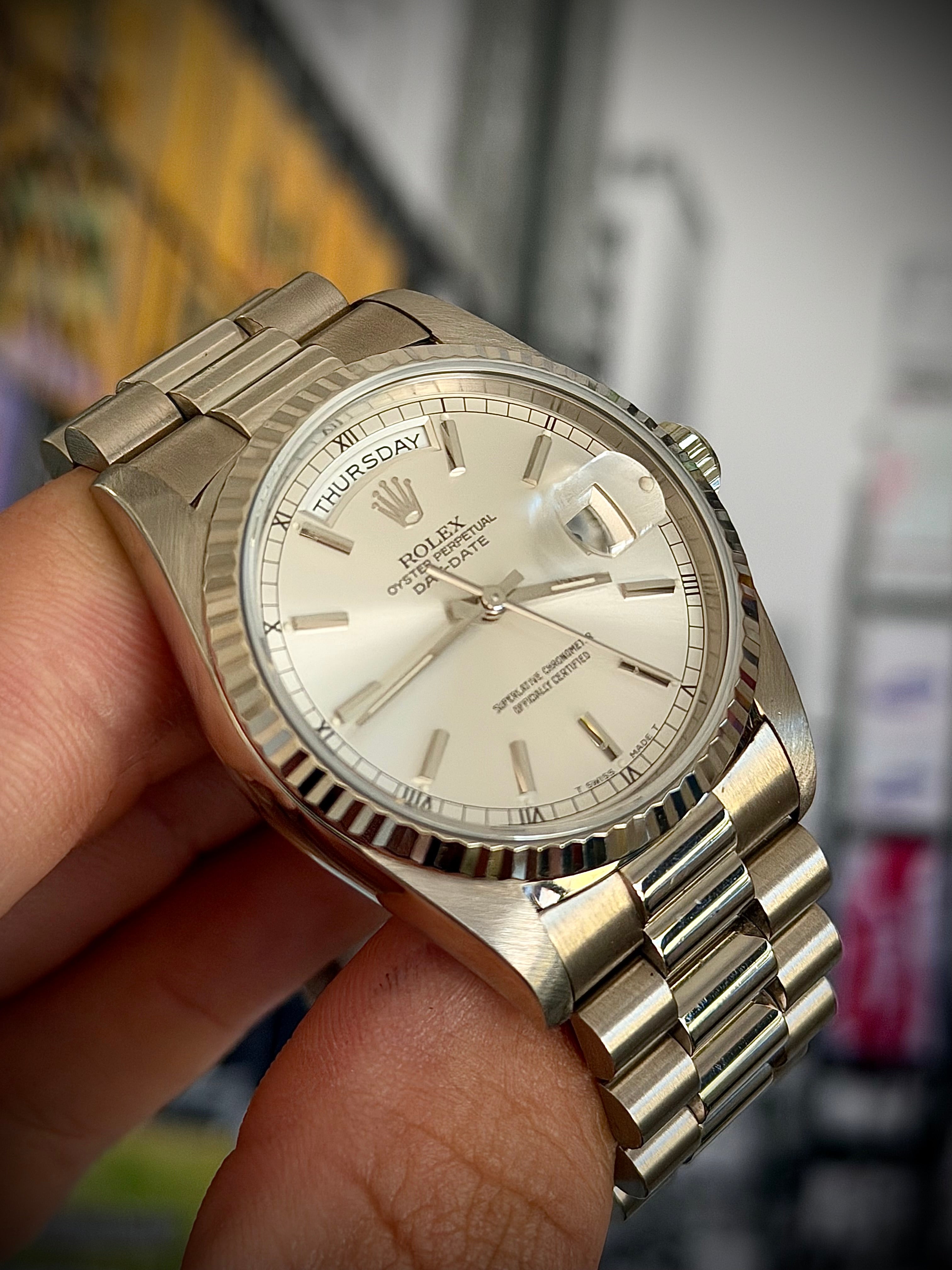 1994 ROLEX DAY-DATE 36, WHITE GOLD, 18239, BOX AND PAPERS, WITH RSC, INC GST