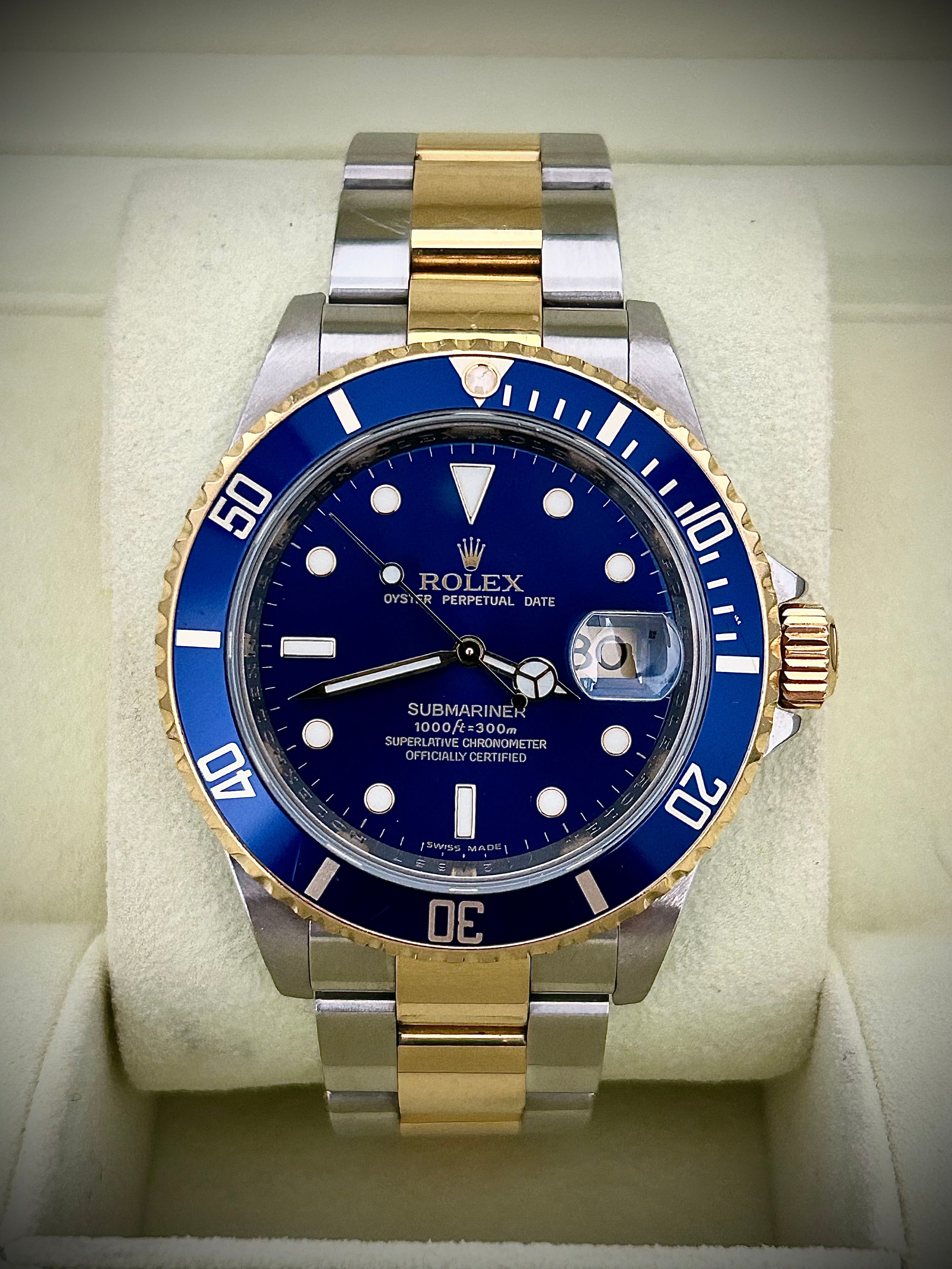 2008 ROLEX SUBMARINER DATE “BLUESY”, ENGRAVED REHAUT, NO HOLES, 16613LB, FULL SET, INC GST
