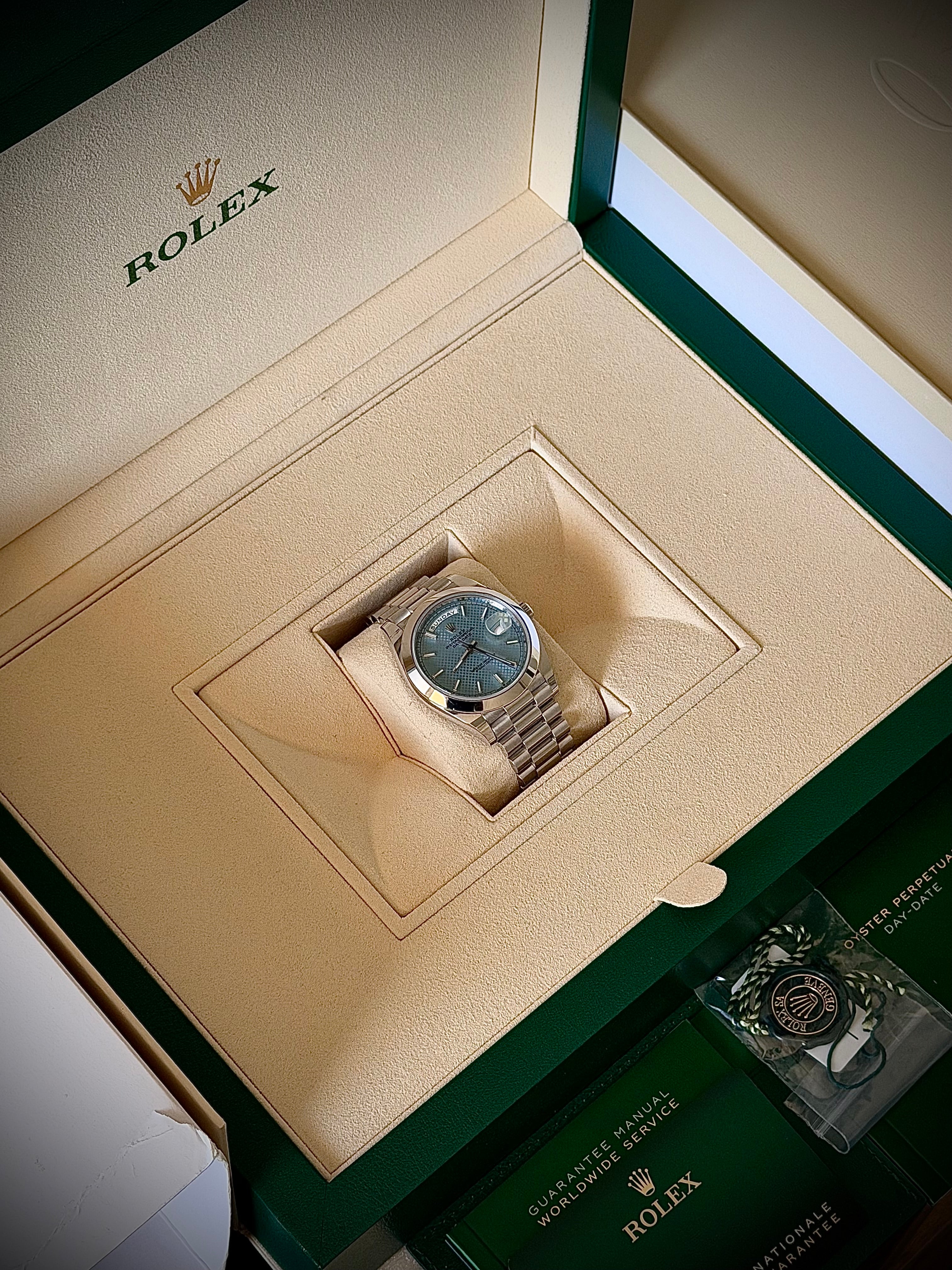 2021 ROLEX DAY DATE 40, 228206, ICE BLUE MOTIF DIAL, FULL SET, INC GST