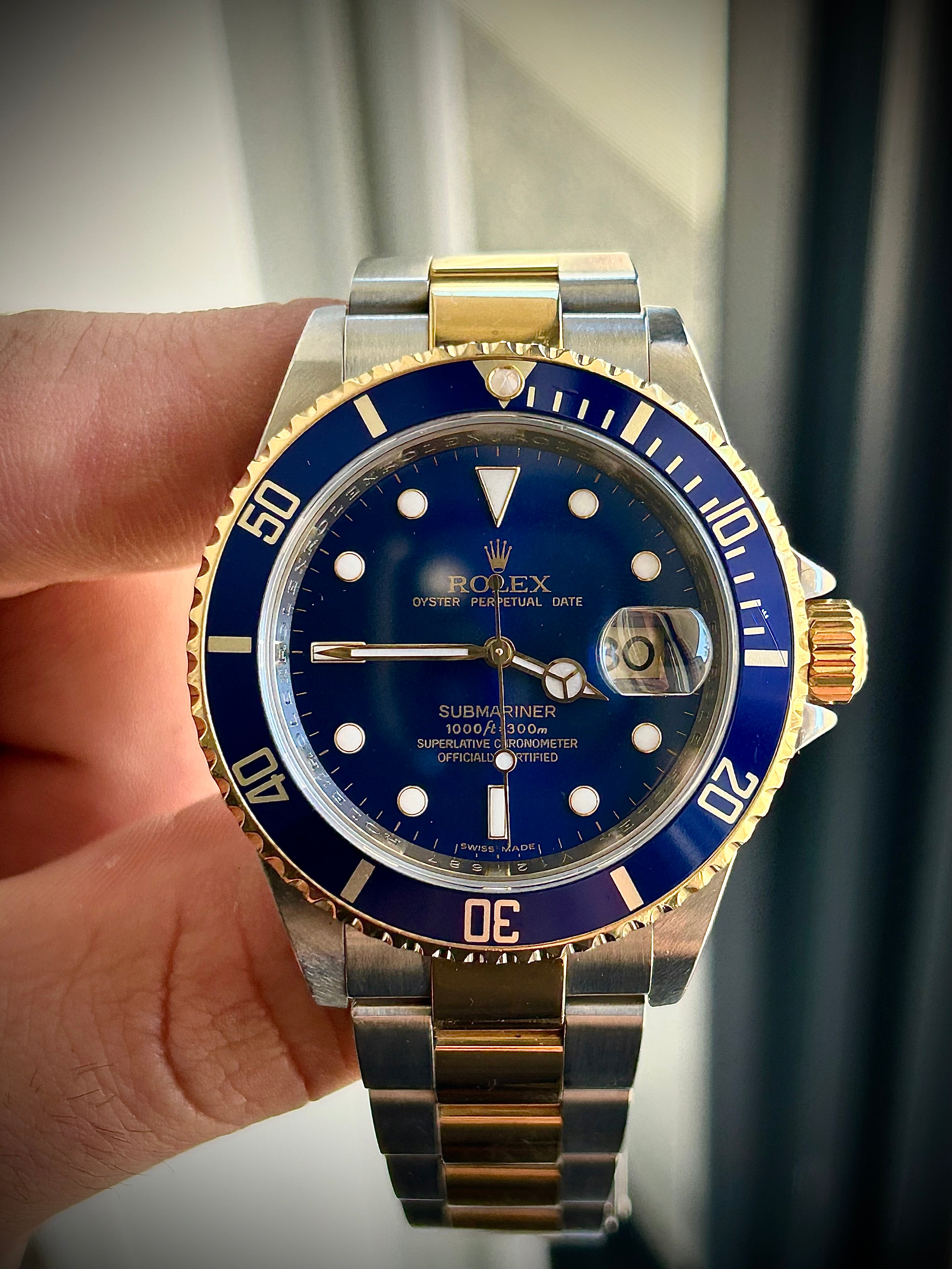 2008 ROLEX SUBMARINER DATE “BLUESY”, ENGRAVED REHAUT, NO HOLES, 16613LB, FULL SET, INC GST