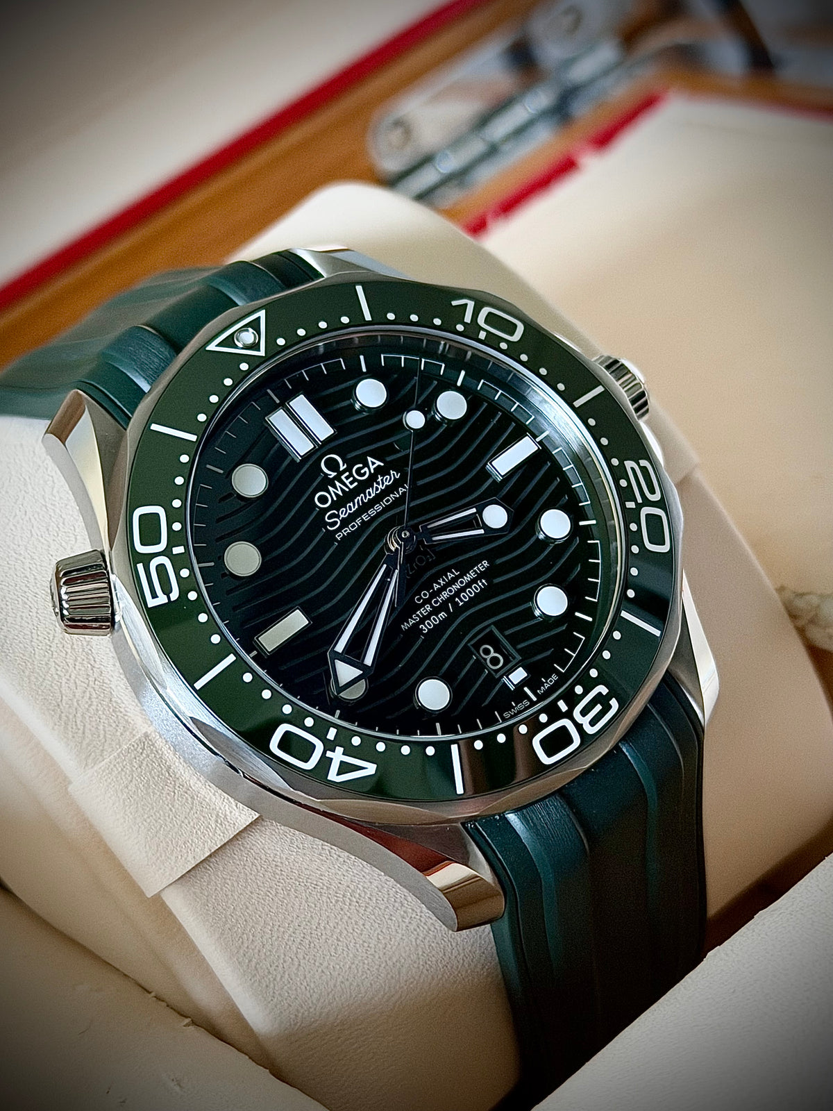 2023 OMEGA SEAMASTER DIVER 300M, 210.32.42.20.10.001, GREEN DIAL, RUBBER STRAP, BOX AND CARDS, INC GST