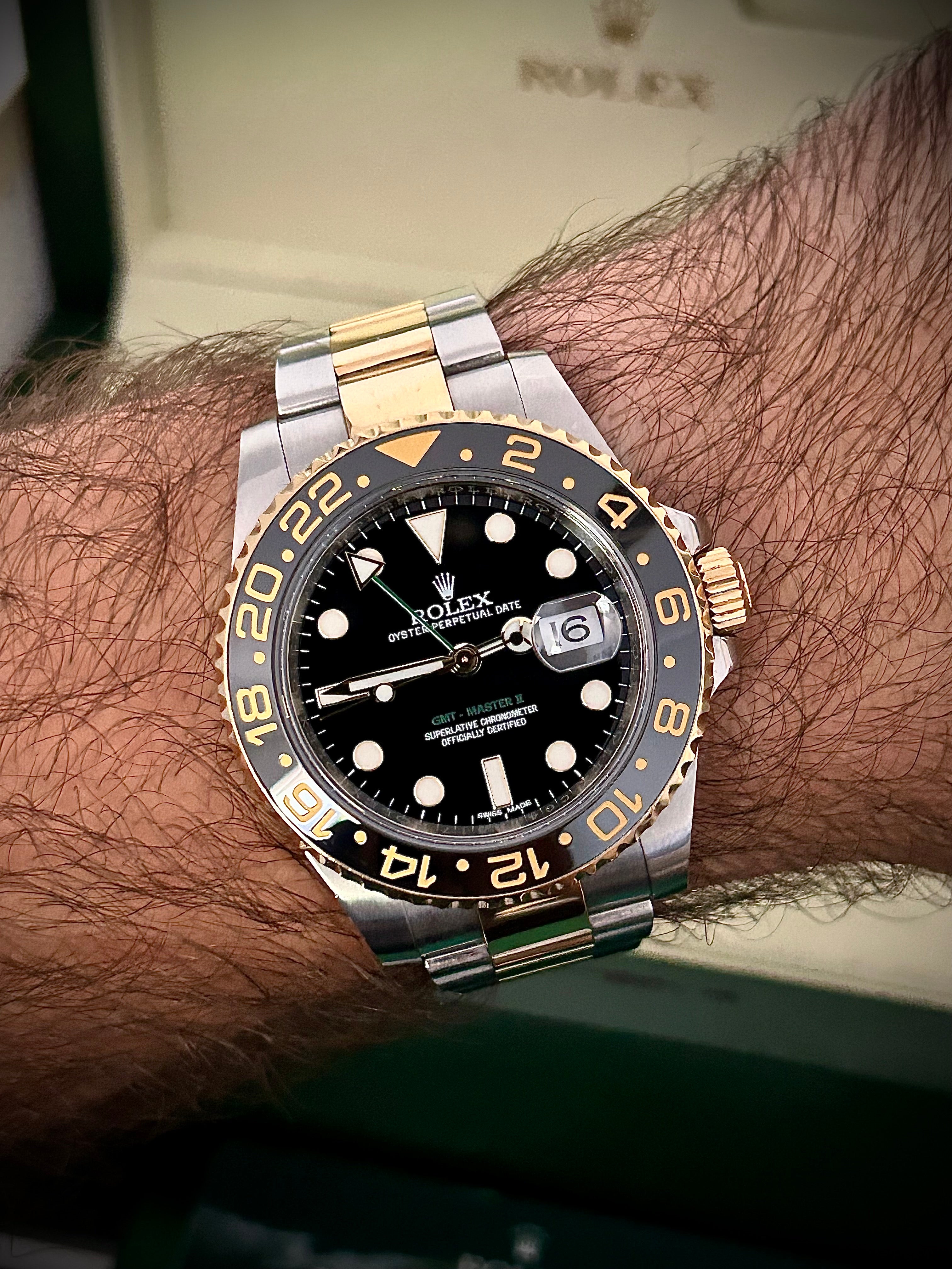 2014 ROLEX GMT MASTER II, RSC SERVICE, TWO TONE, 116713LN, FULL SET, INC GST