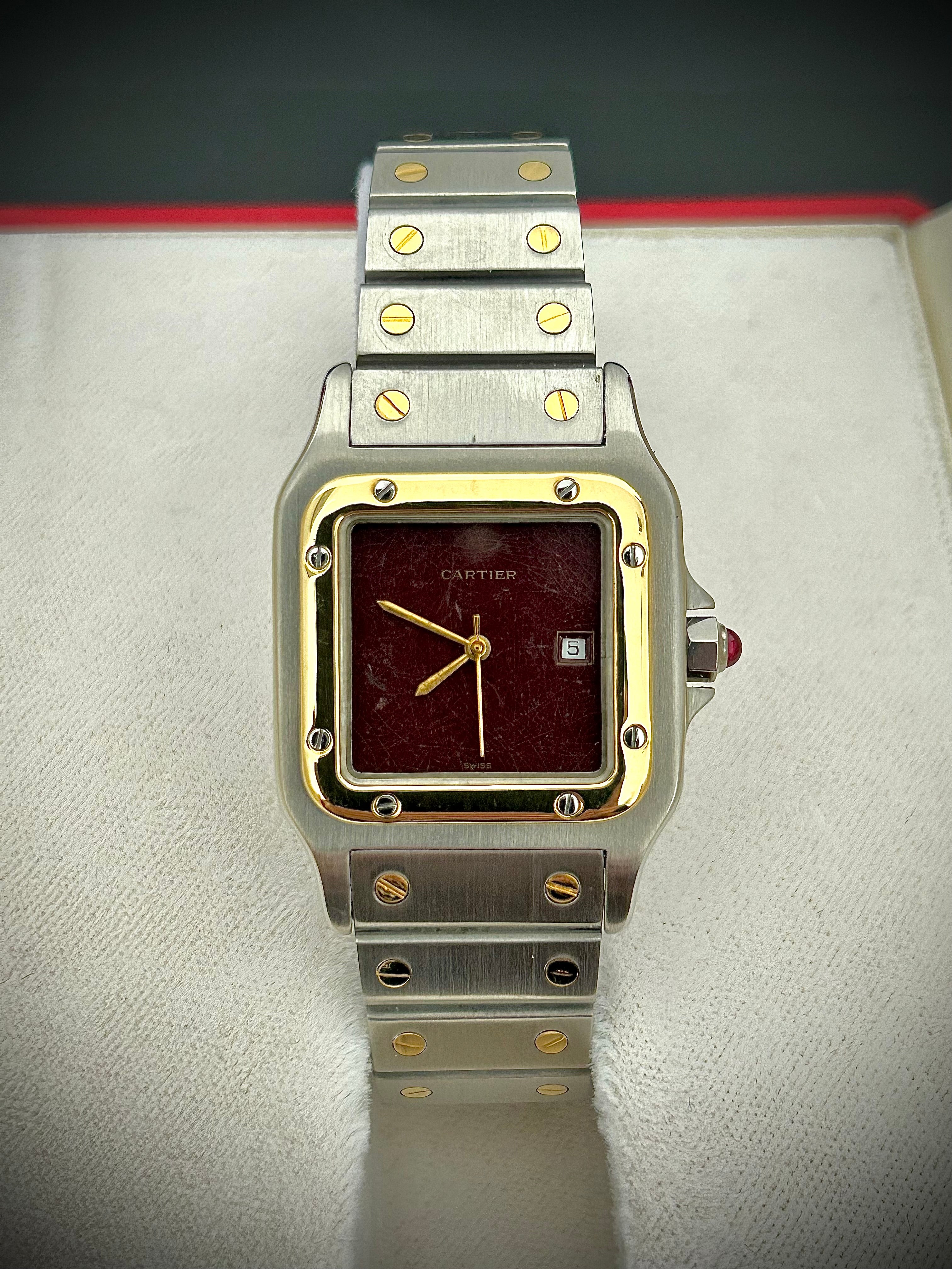 1982 CARTIER SANTOS CAREÉ, 2961, BURGUNDY SPIDER DIAL, WATCH AND BOX, INC GST