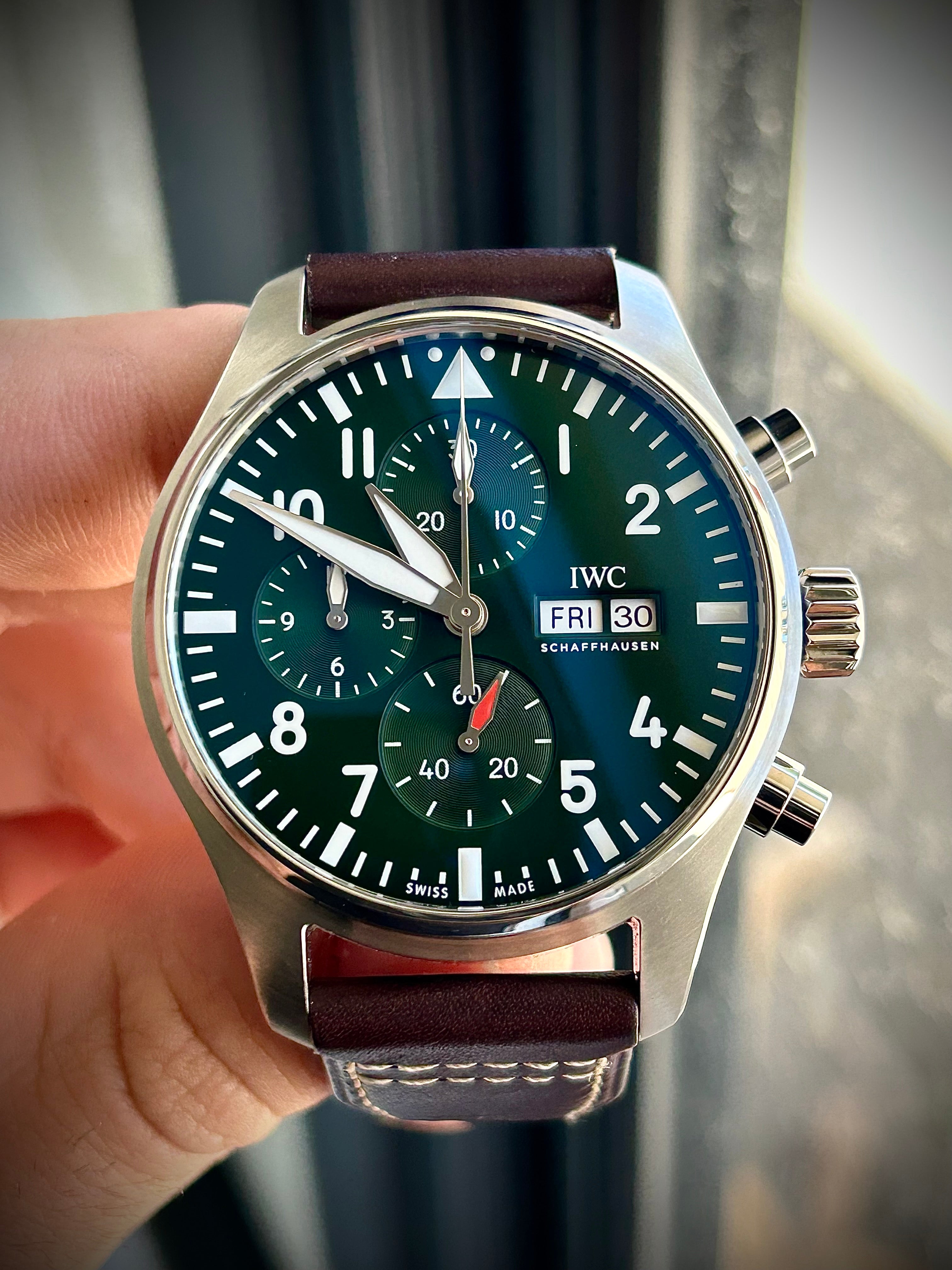 2023 IWC PILOTS WATCH CHRONOGRAPH, GREEN DIAL, IW388103, FULL SET, INC GST