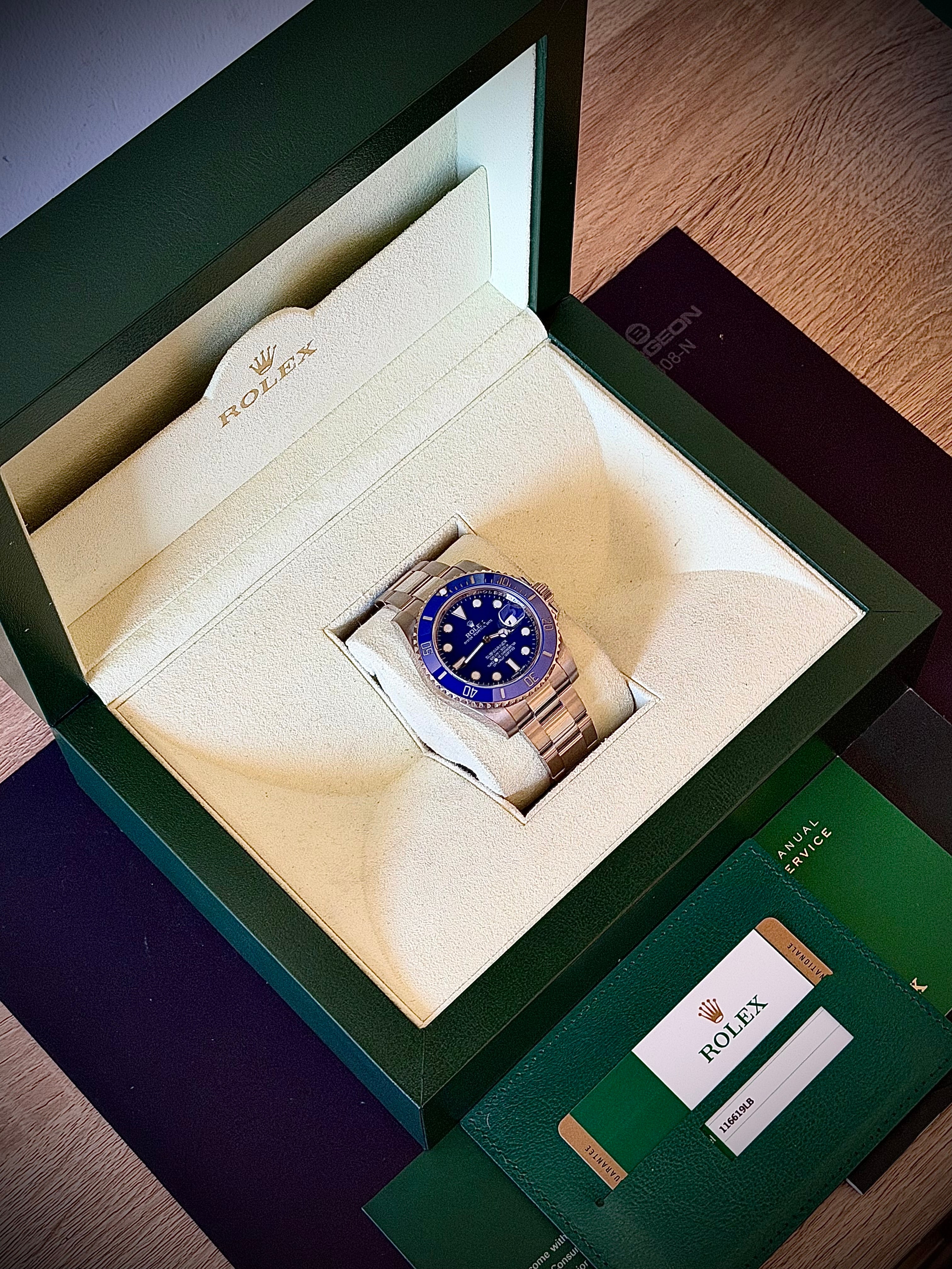 2017 ROLEX SUBMARINER DATE, 116619LB, SMURF, BOX AND PAPERS, INC GST