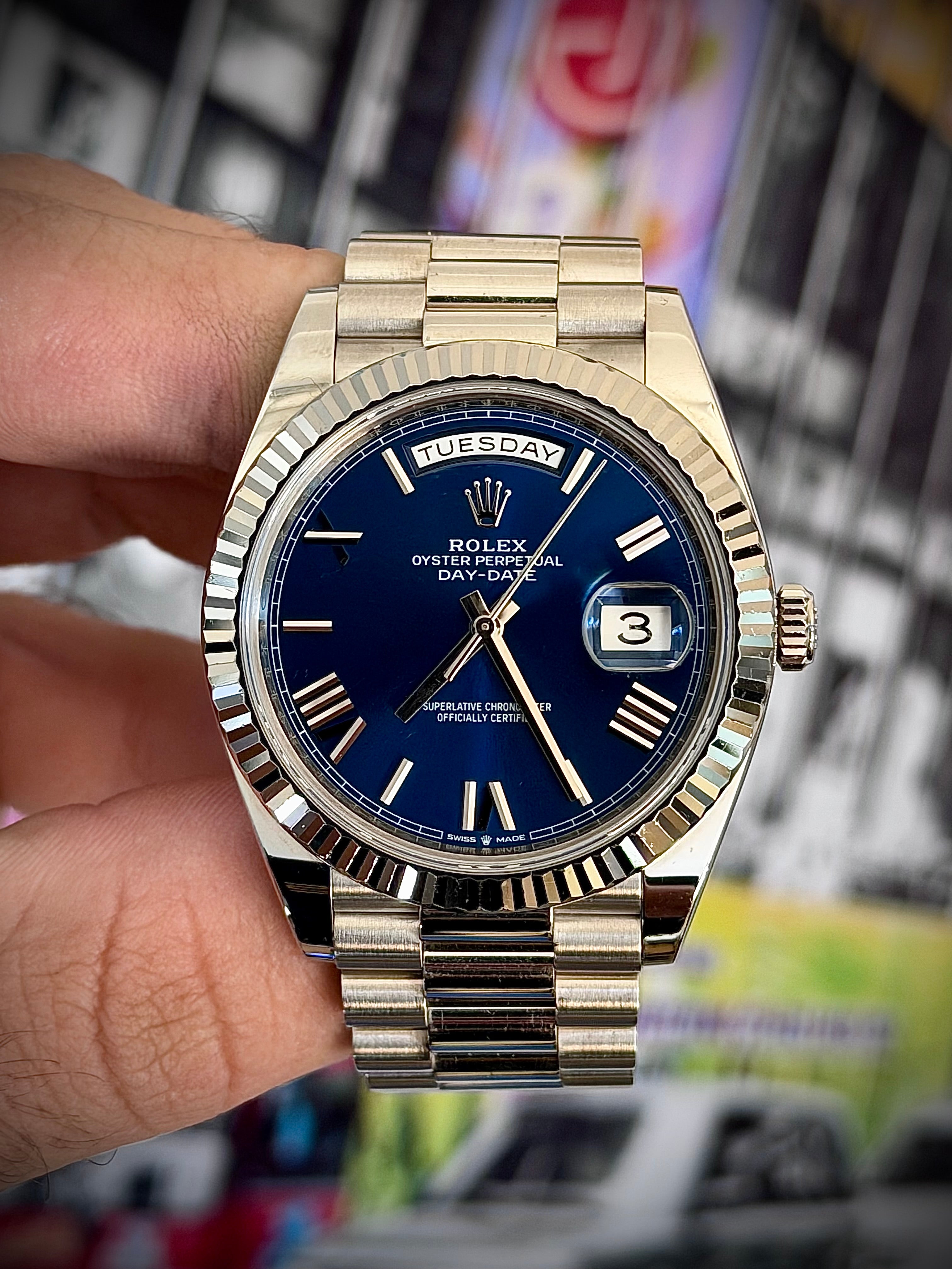 2017 ROLEX DAY-DATE 40, 228239, BLUE ROMAN DIAL, FULL SET, INC GST