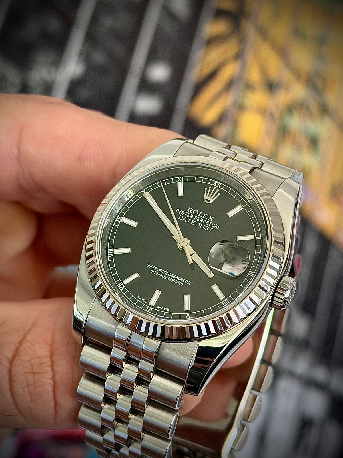 2009 ROLEX DATEJUST 36, 116234, FLUTED BEZEL, SUPER JUBILEE BRACELET, ROULETTE DATE WHEEL, WATCH ONLY, INC GST