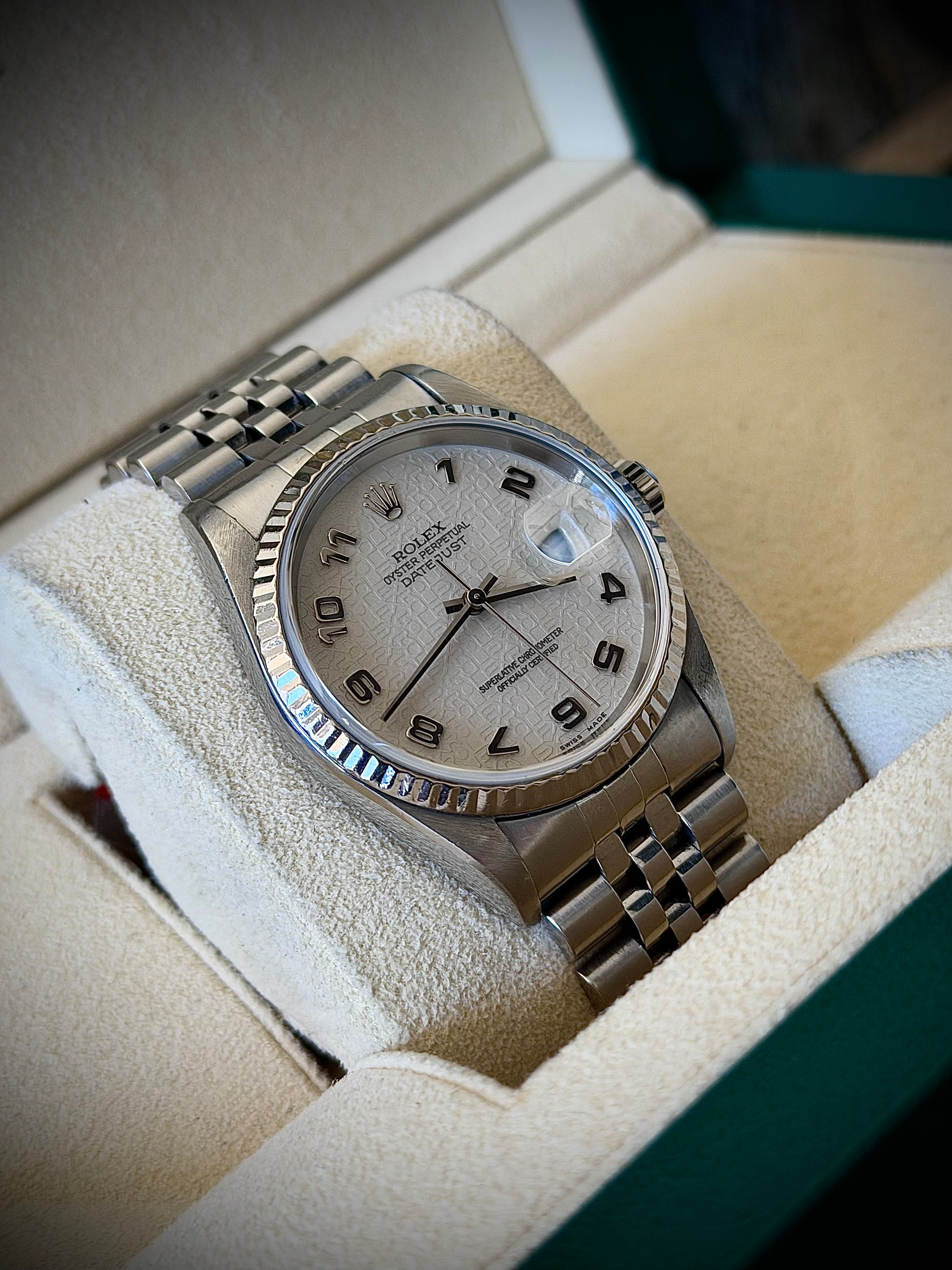 2001 ROLEX DATEJUST 36, 16234, WHITE COMPUTER DIAL, BOX AND PAPERS, INC GST