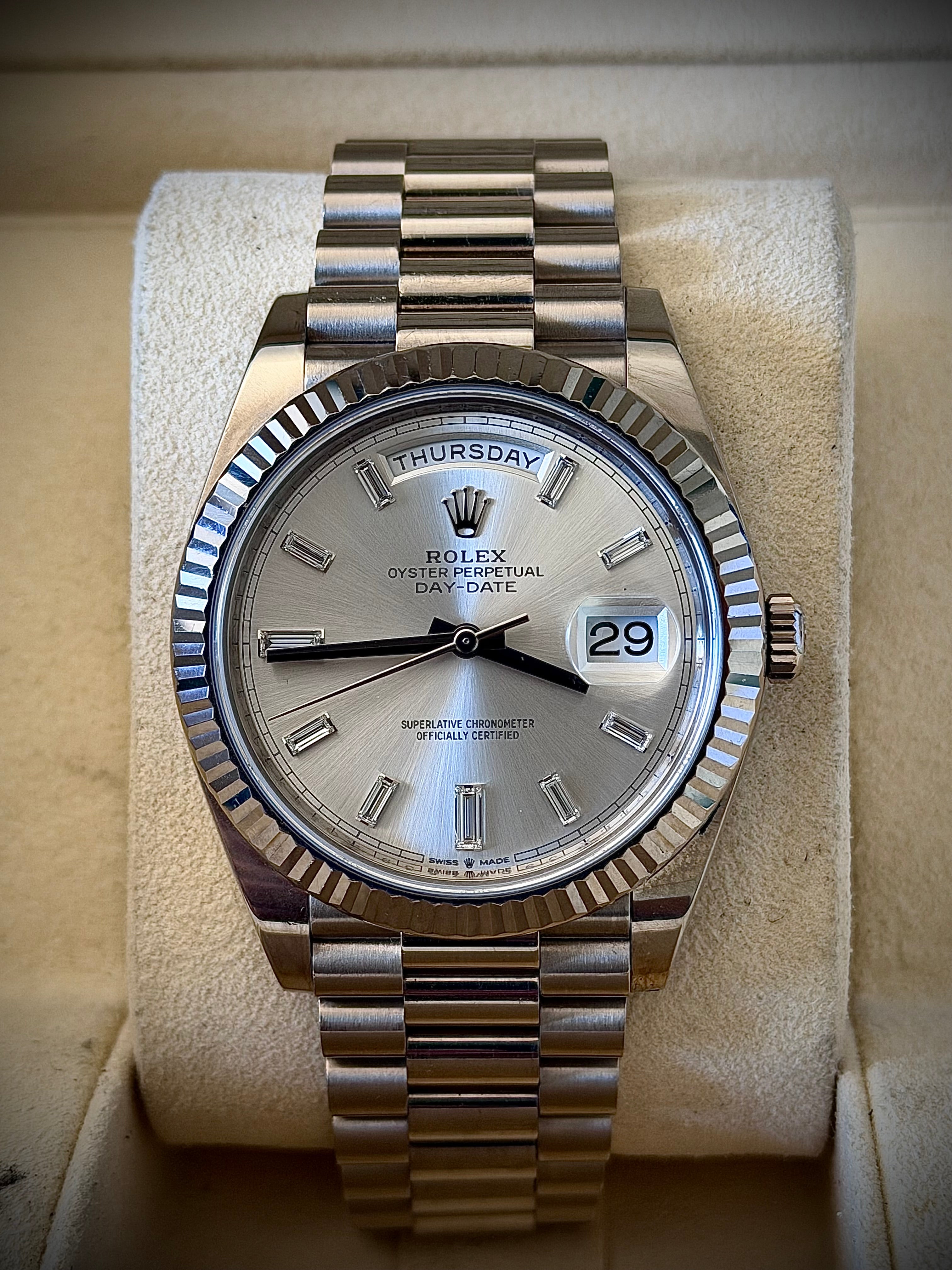 2020 ROLEX DAY-DATE 40, 228239, SILVER DIAMOND BAGUETTE DIAL, FULL SET, INC GST