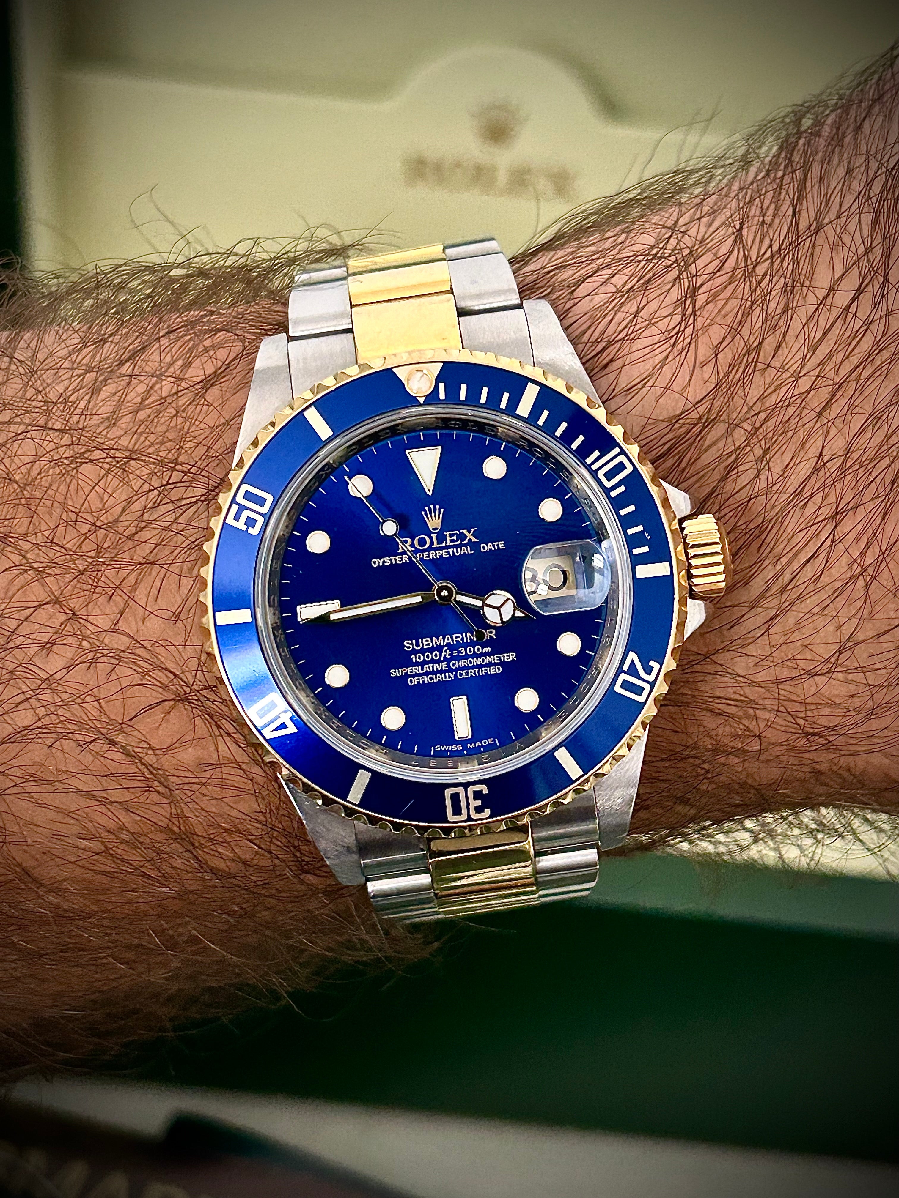 2008 ROLEX SUBMARINER DATE “BLUESY”, ENGRAVED REHAUT, NO HOLES, 16613LB, FULL SET, INC GST