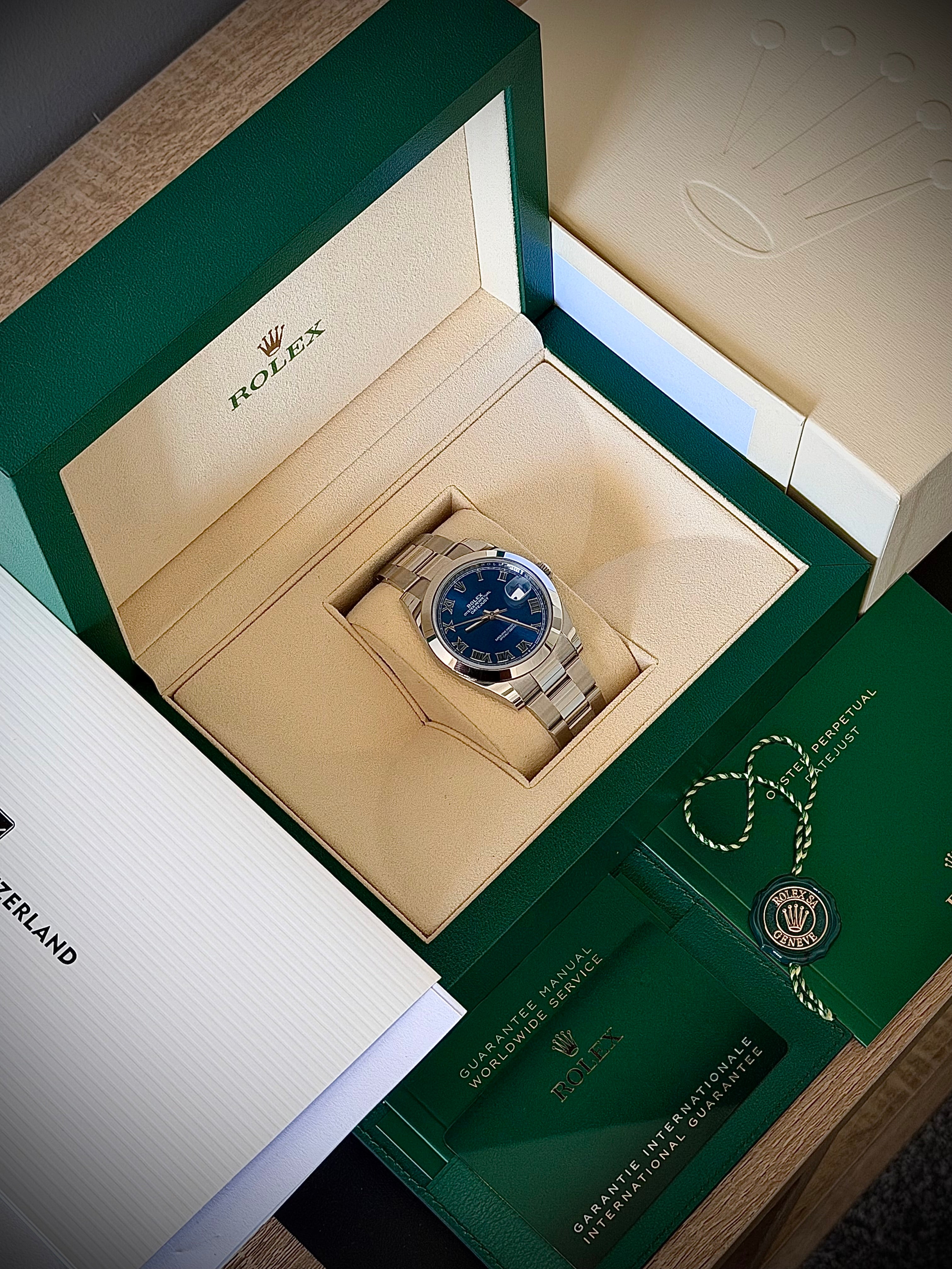 2023 ROLEX DATEJUST 41, AZZURO BLUE, 126300, AS NEW, FULL SET, INC GST