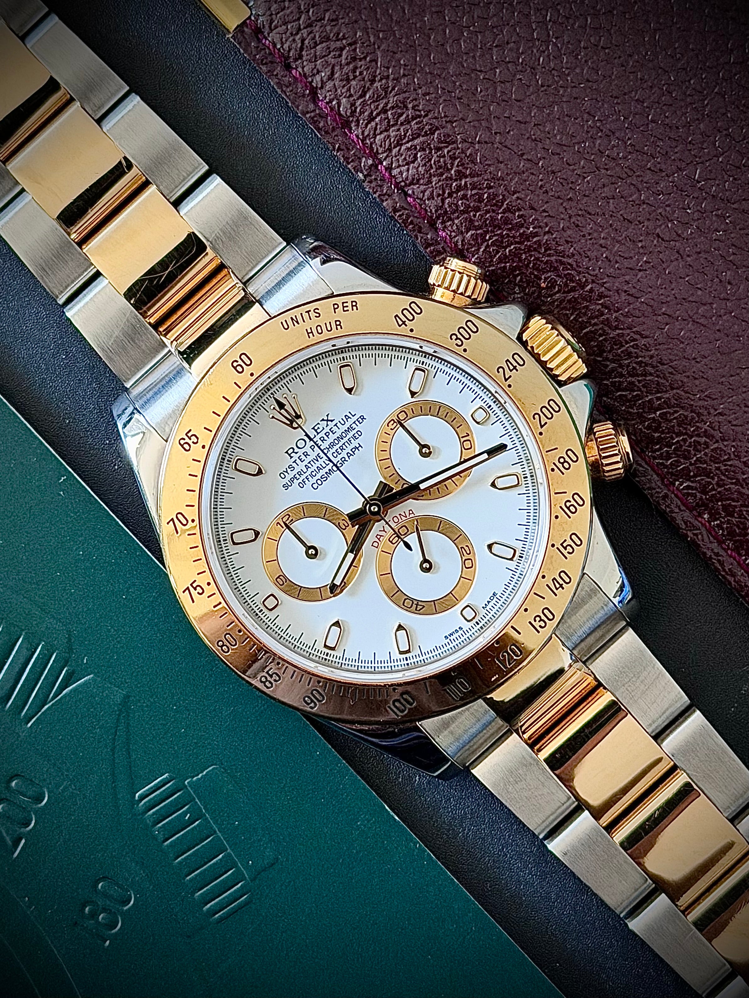2003 ROLEX COSMOGRAPH DAYTONA, WHITE DIAL, TWO TONE, 116523, FULL COLLECTORS SET, WITH RSC, INC GST