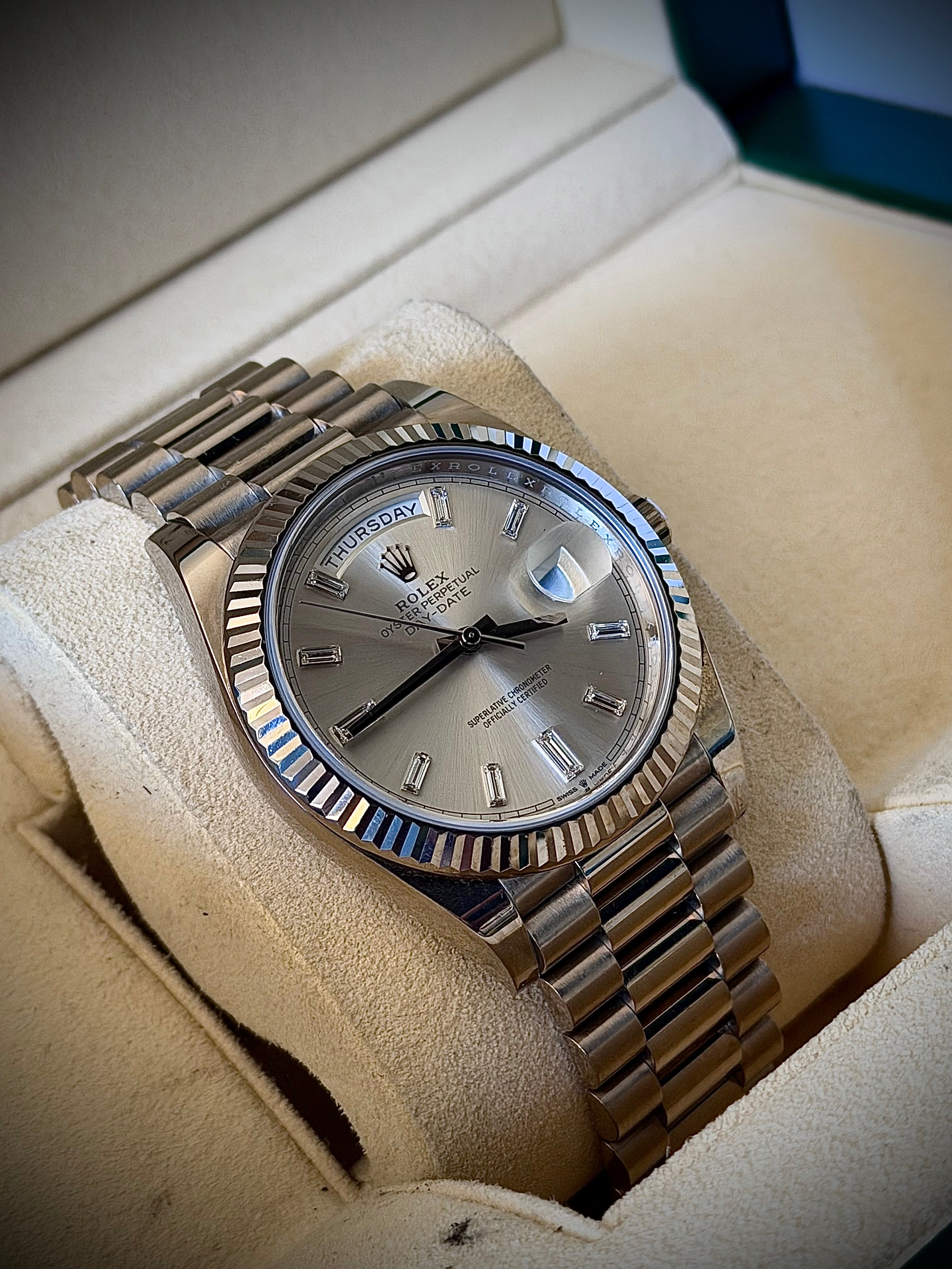 2020 ROLEX DAY-DATE 40, 228239, SILVER DIAMOND BAGUETTE DIAL, FULL SET, INC GST