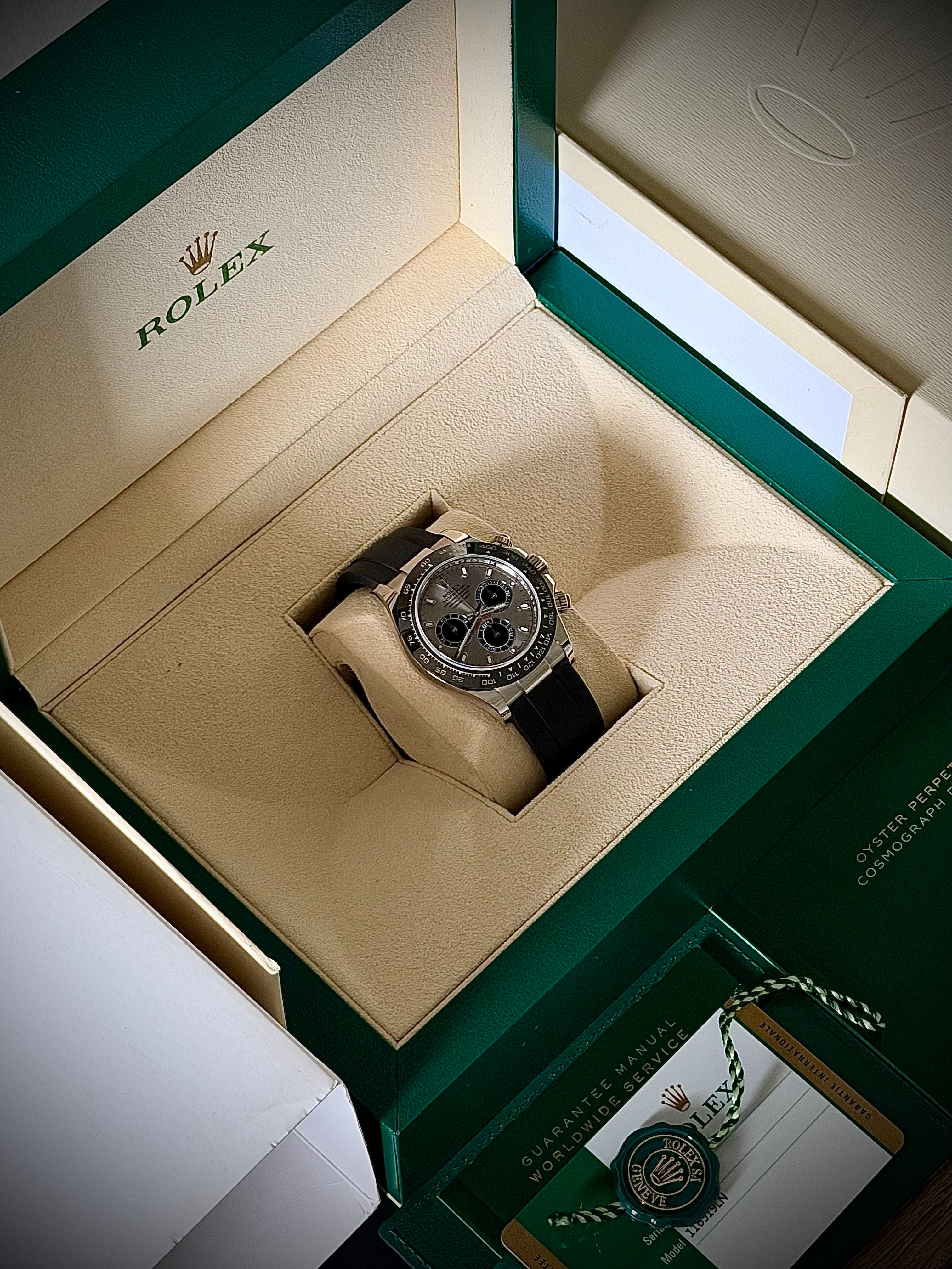 2019 ROLEX COSMOGRAPH DAYTONA “GHOST”, 116519LN, 18CT WHITE GOLD, OYSTERFLEX, FULL SET, INC GST