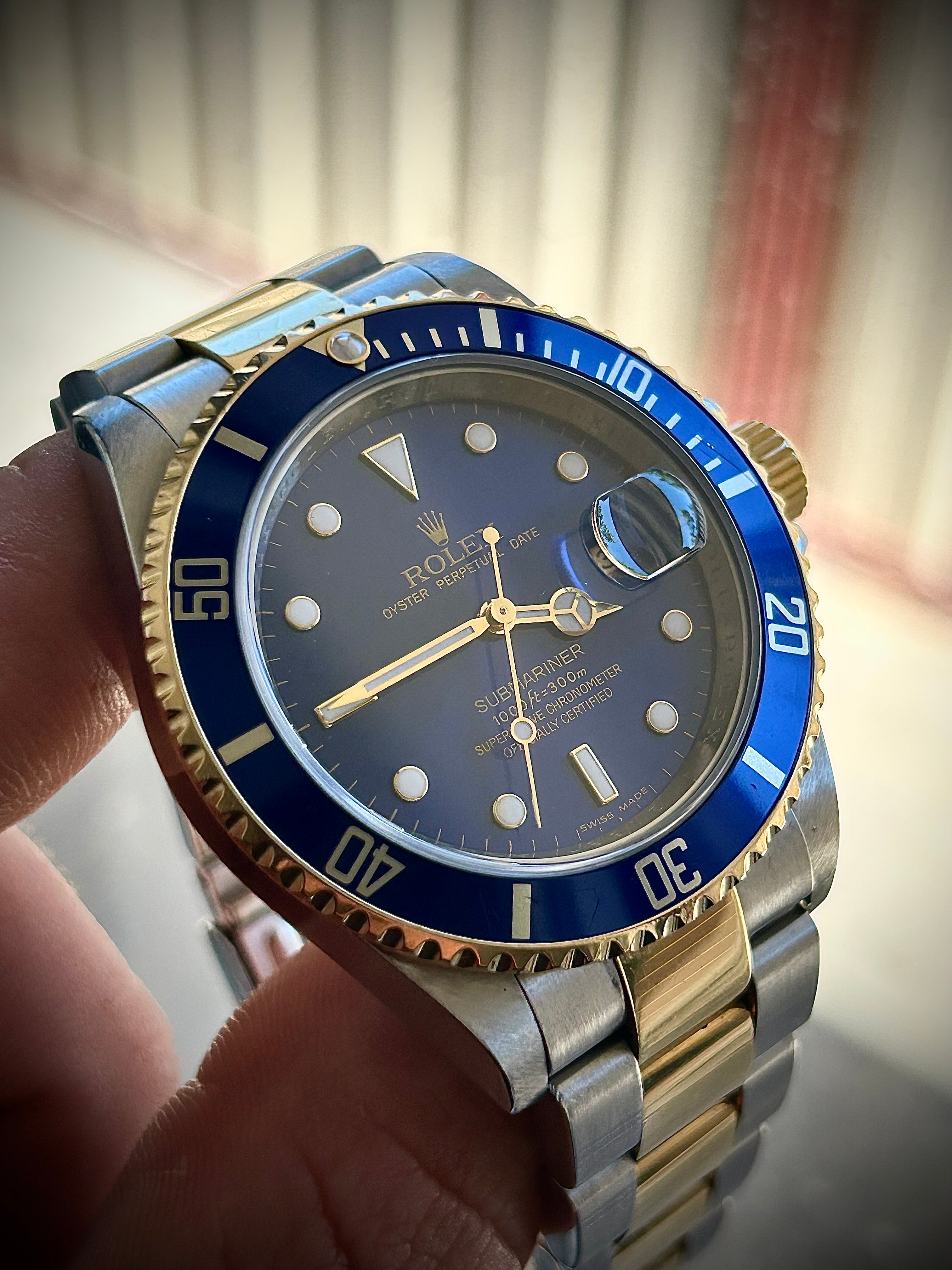2008 ROLEX SUBMARINER DATE “BLUESY”, ENGRAVED REHAUT, NO HOLES, 16613LB, FULL SET, INC GST