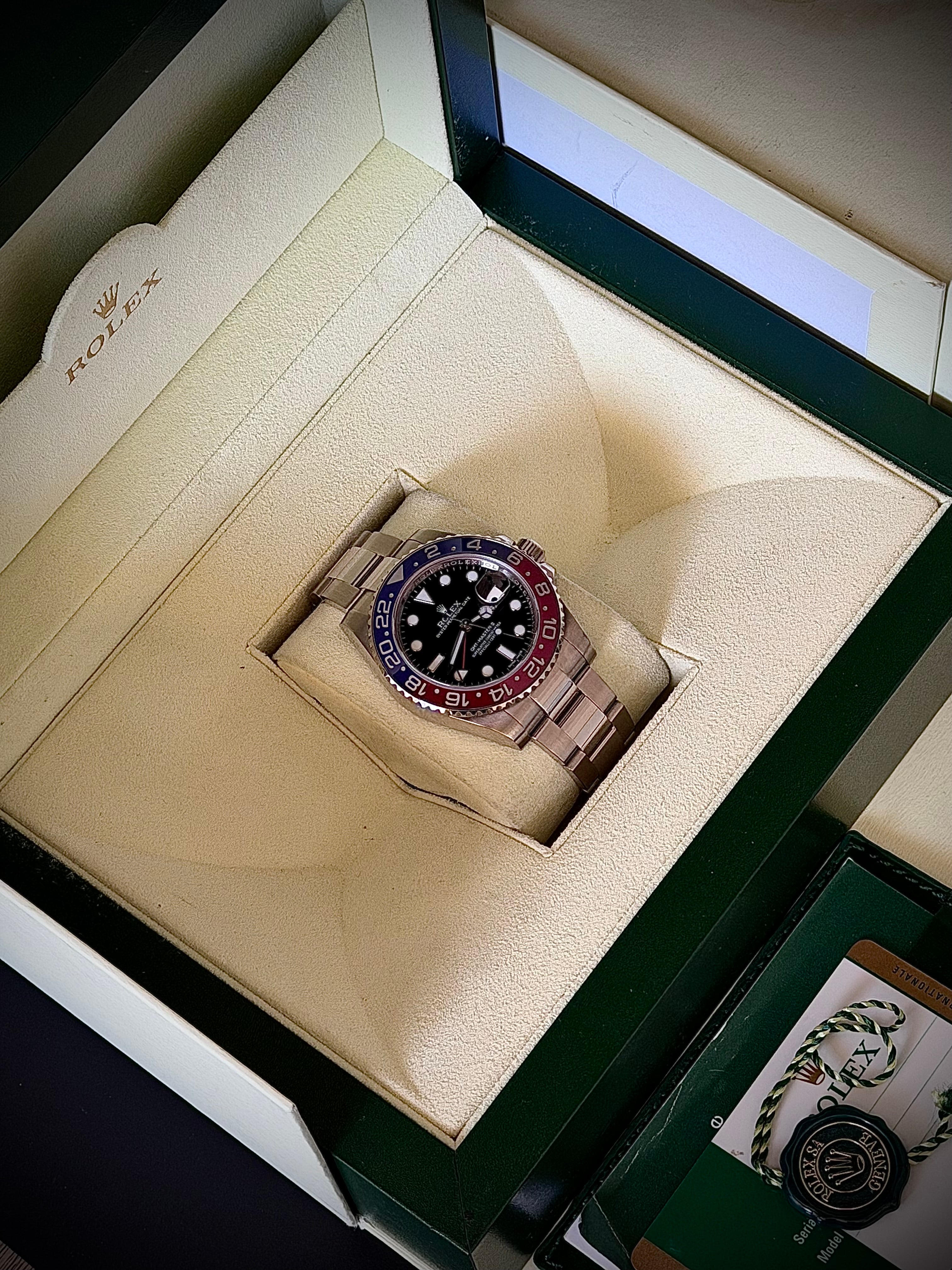 2015 ROLEX GMT MASTER II, PEPSI, WHITE GOLD, BLACK DIAL, 116719BLRO, BOX AND PAPERS, INC GST