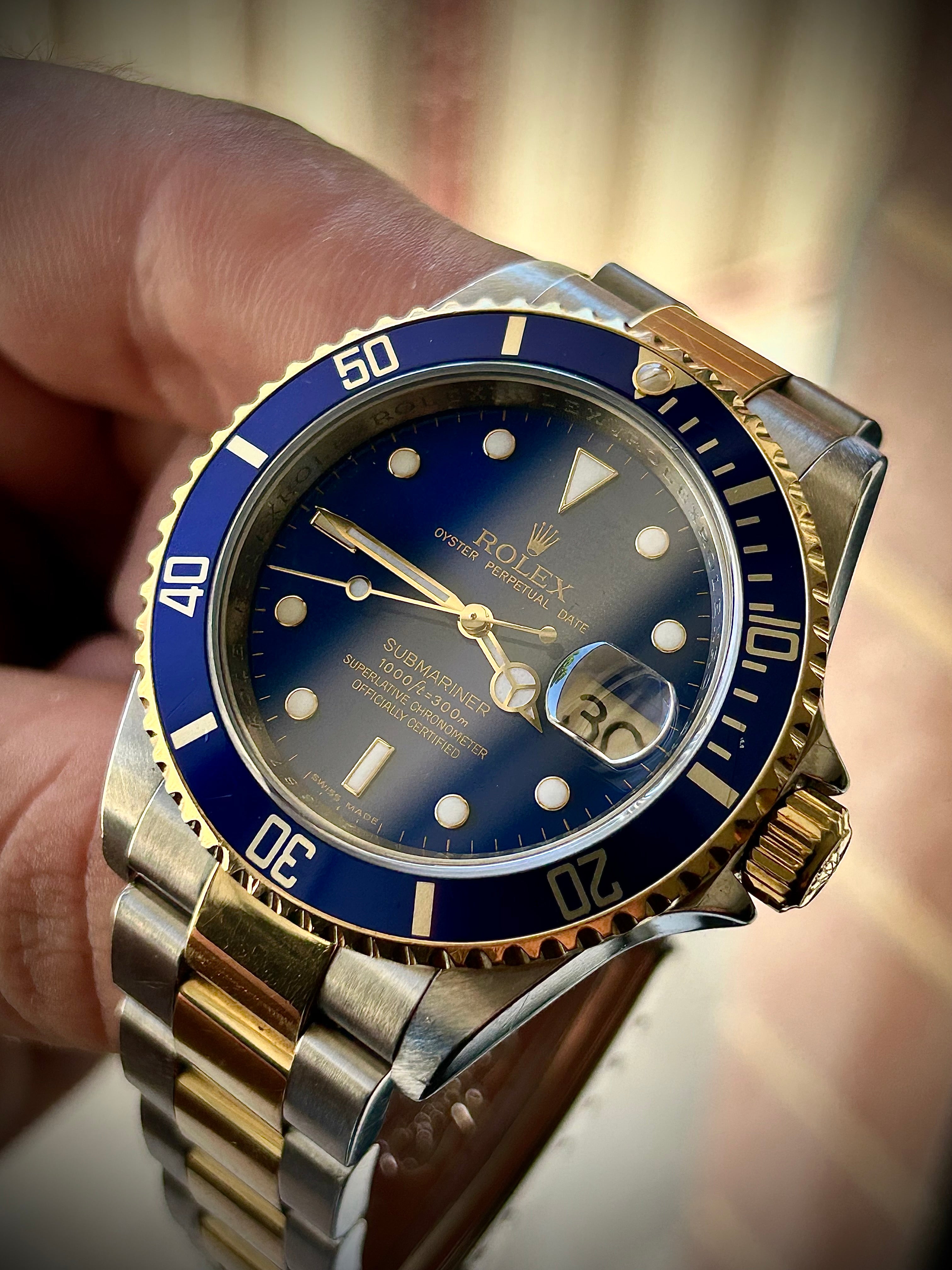 2008 ROLEX SUBMARINER DATE “BLUESY”, ENGRAVED REHAUT, NO HOLES, 16613LB, FULL SET, INC GST