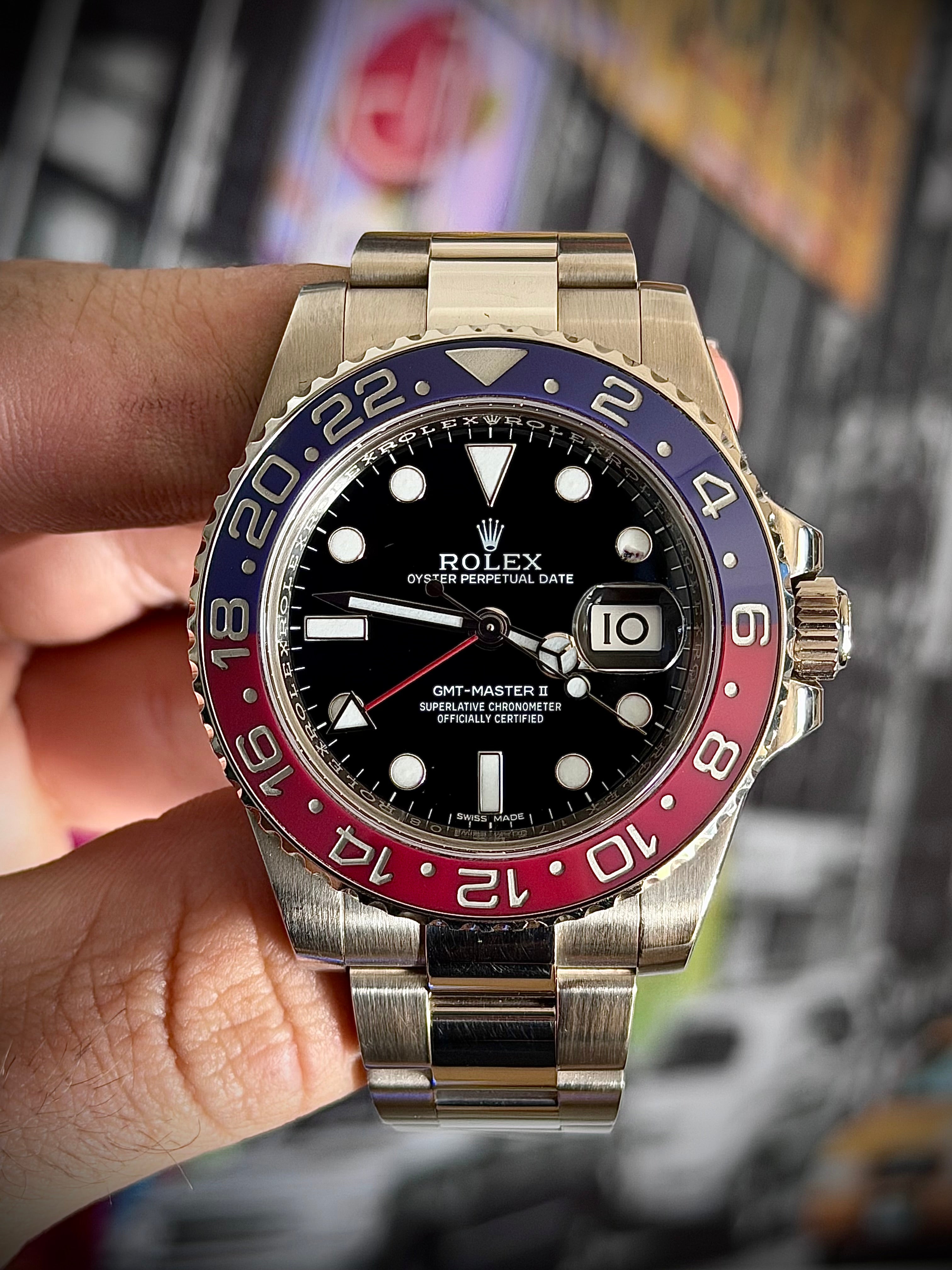 2015 ROLEX GMT MASTER II, PEPSI, WHITE GOLD, BLACK DIAL, 116719BLRO, BOX AND PAPERS, INC GST