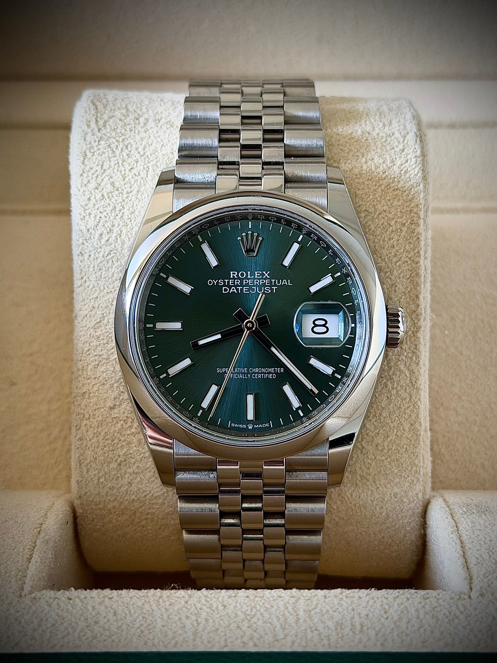 2023 ROLEX DATEJUST 36 MINT GREEN DIAL, 126200, FULL SET, INC GST