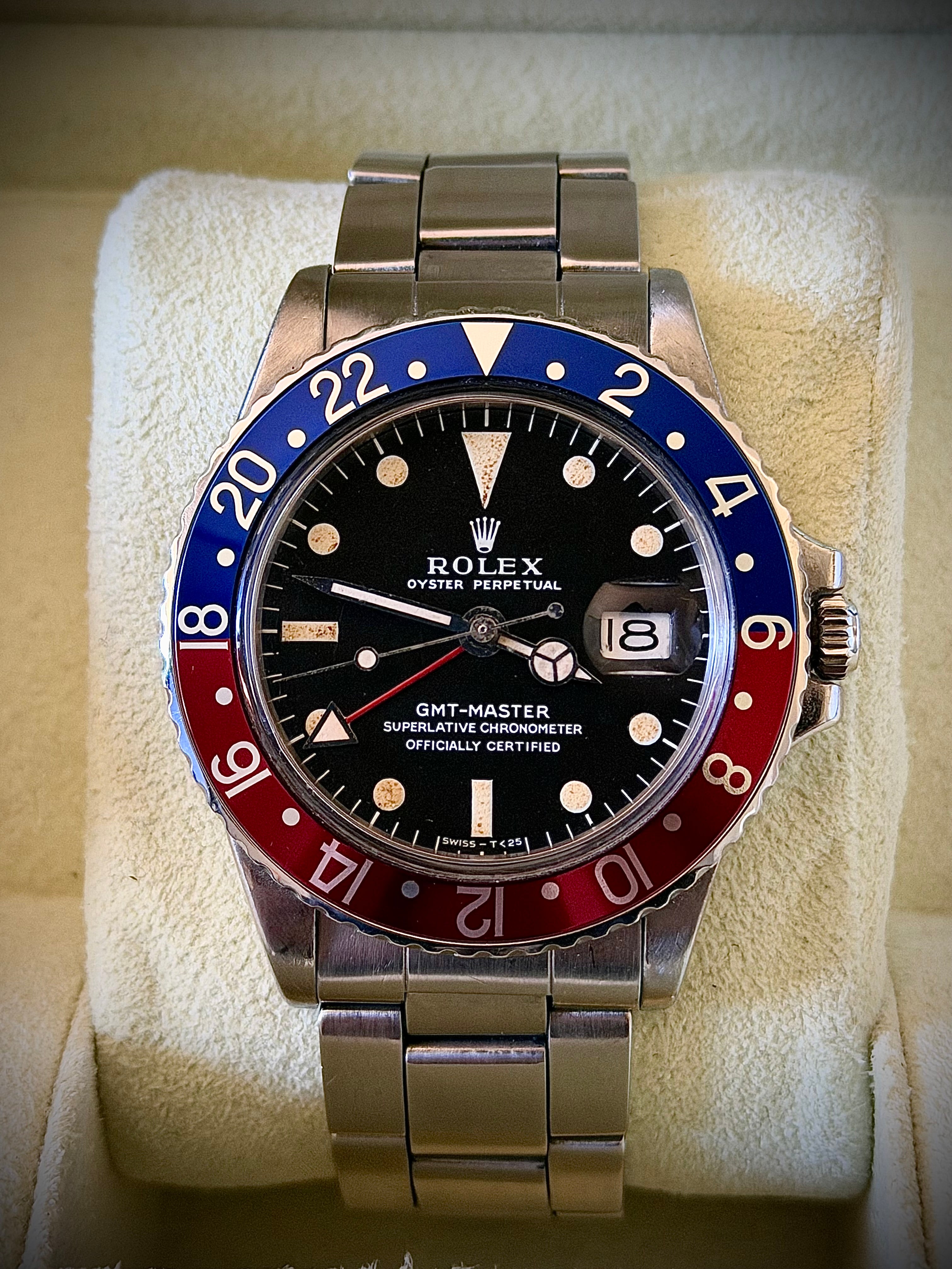 CIRCA 1972 ROLEX GMT-MASTER, 1675 PEPSI, LONG E DIAL, WATCH & BOX, FULLY SERVICED, INC GST