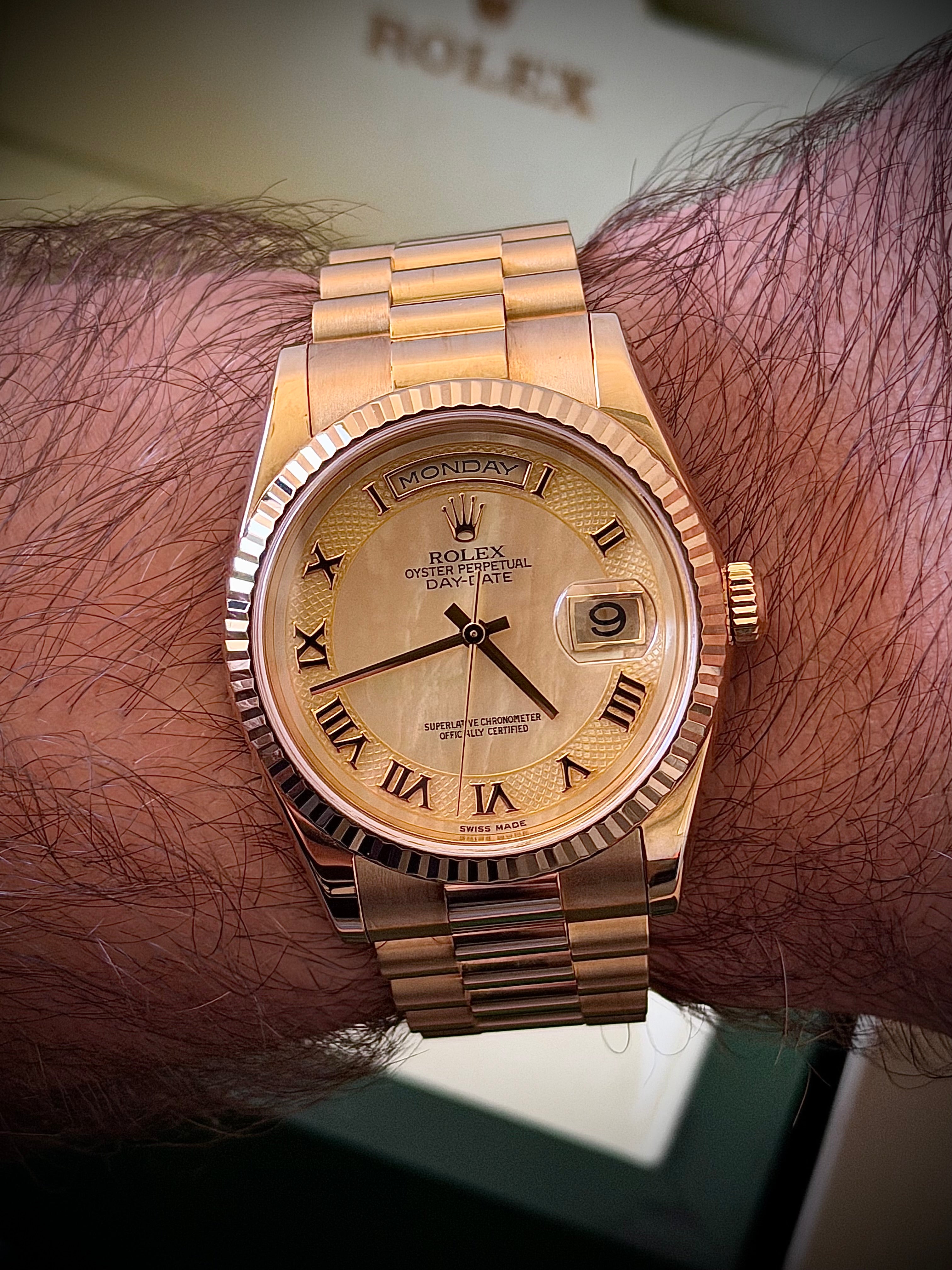 2001 ROLEX DAY-DATE PRESIDENT, 118238, FACTORY SECTOR MOTHER OF PEARL DIAL, BOX AND BOOKLETS W/ORIGINAL RECEIPT, INC GST