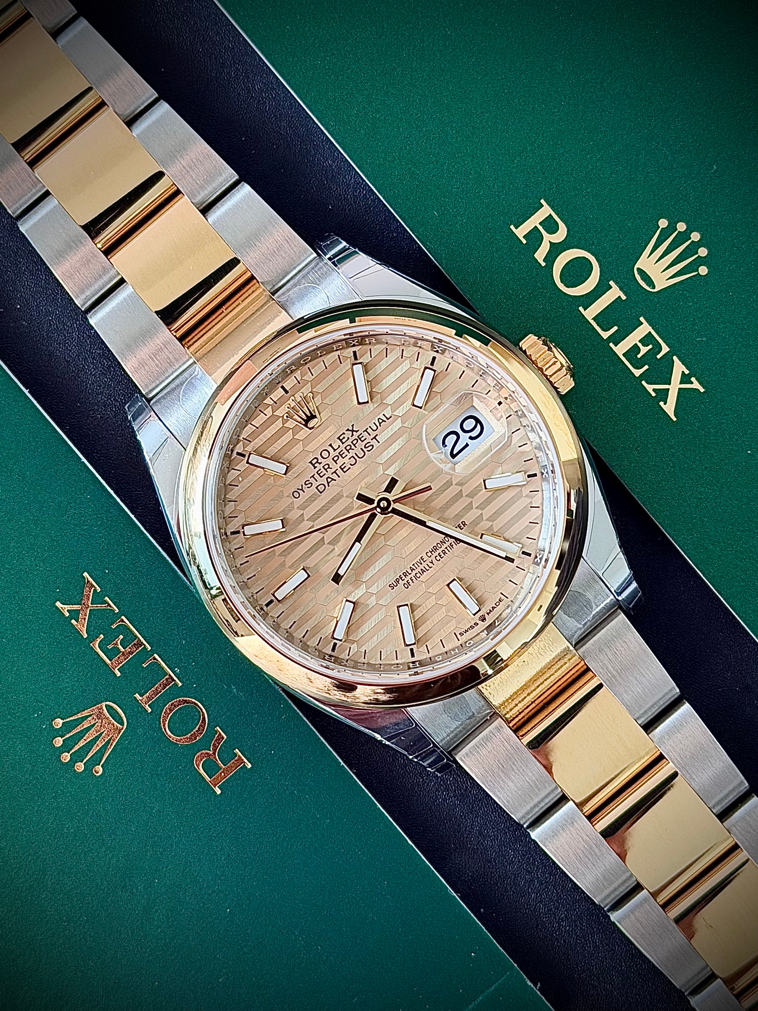 2022 ROLEX DATEJUST 36 TWO TONE, BRAND NEW FACTORY STICKERED, CHAMPAGNE MOTIF DIAL, 126203, FULL SET, INC GST