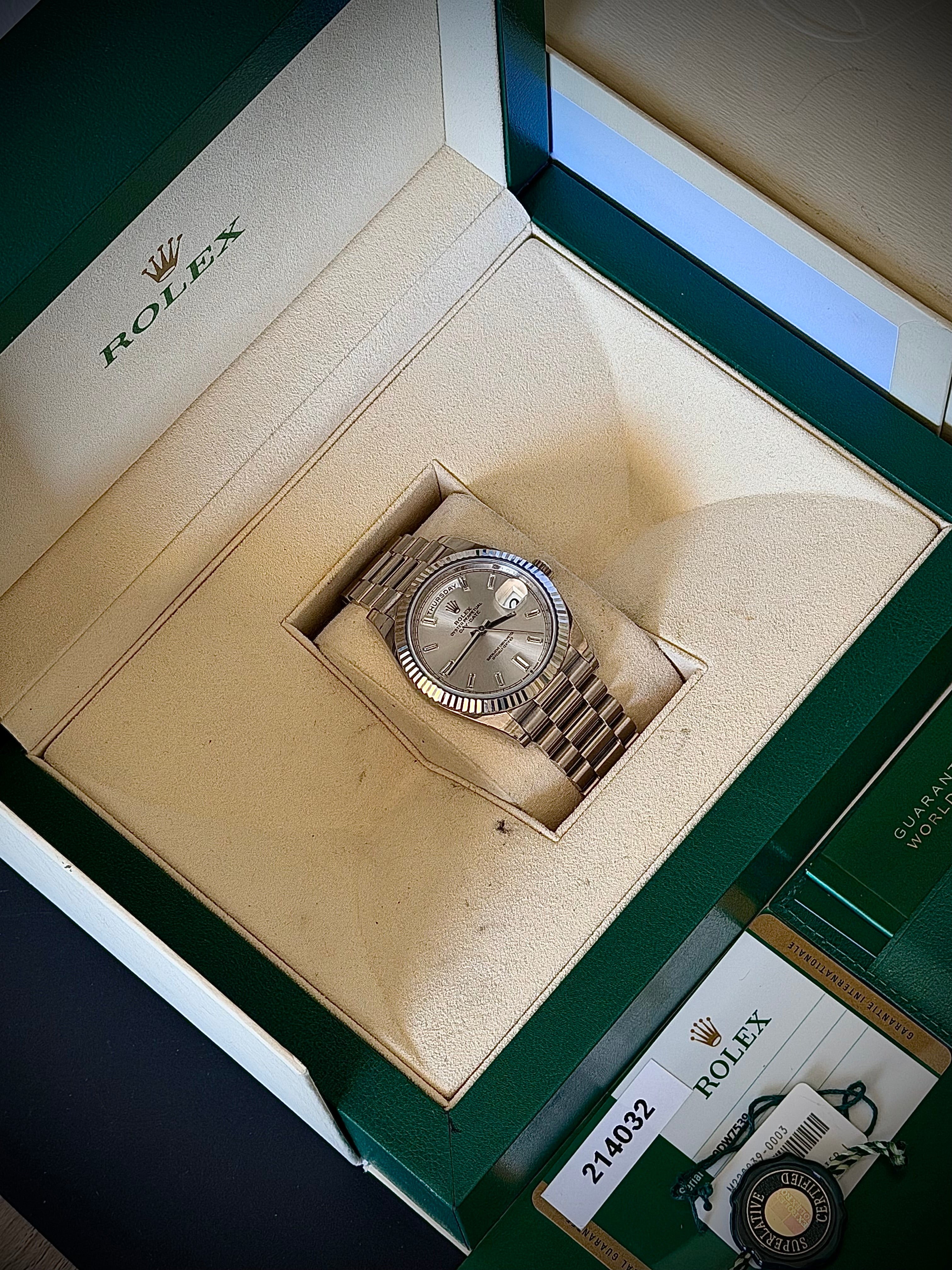 2020 ROLEX DAY-DATE 40, 228239, SILVER DIAMOND BAGUETTE DIAL, FULL SET, INC GST