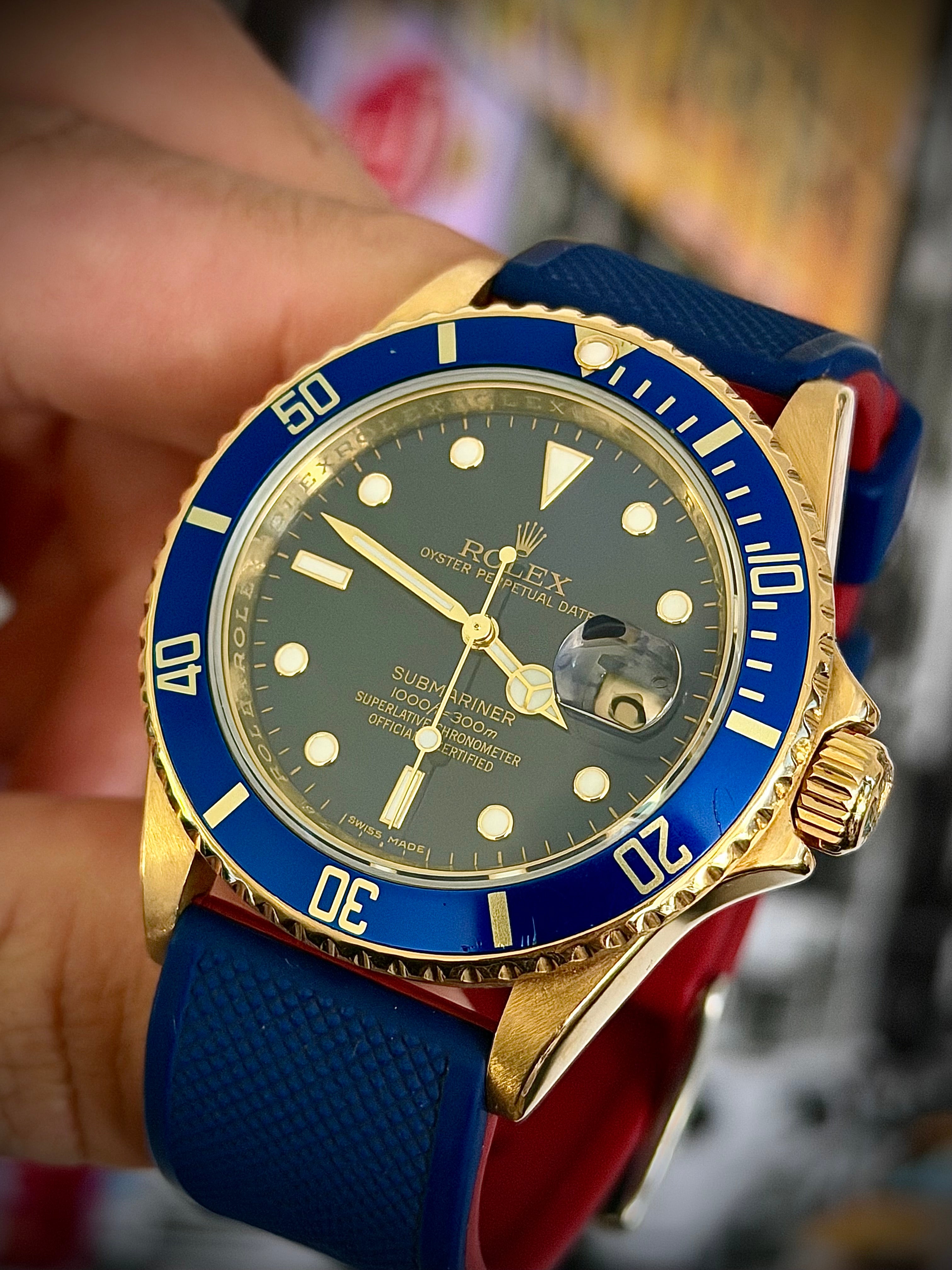 2007 ROLEX SUBMARINER DATE, 16618LB, ENGRAVED REHAUT, BOX AND PAPERS, INC GST