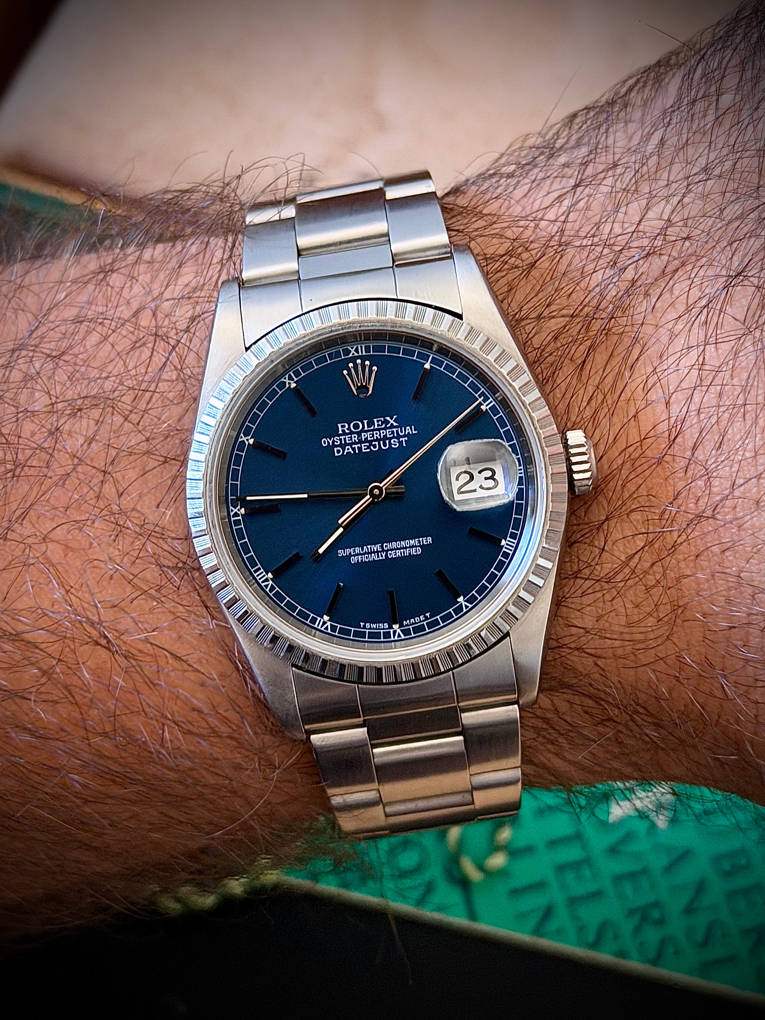 1997 ROLEX DATEJUST 36, 16220, BLUE DIAL, ENGINE-TURNED BEZEL, BOX & PAPERS, INC GST