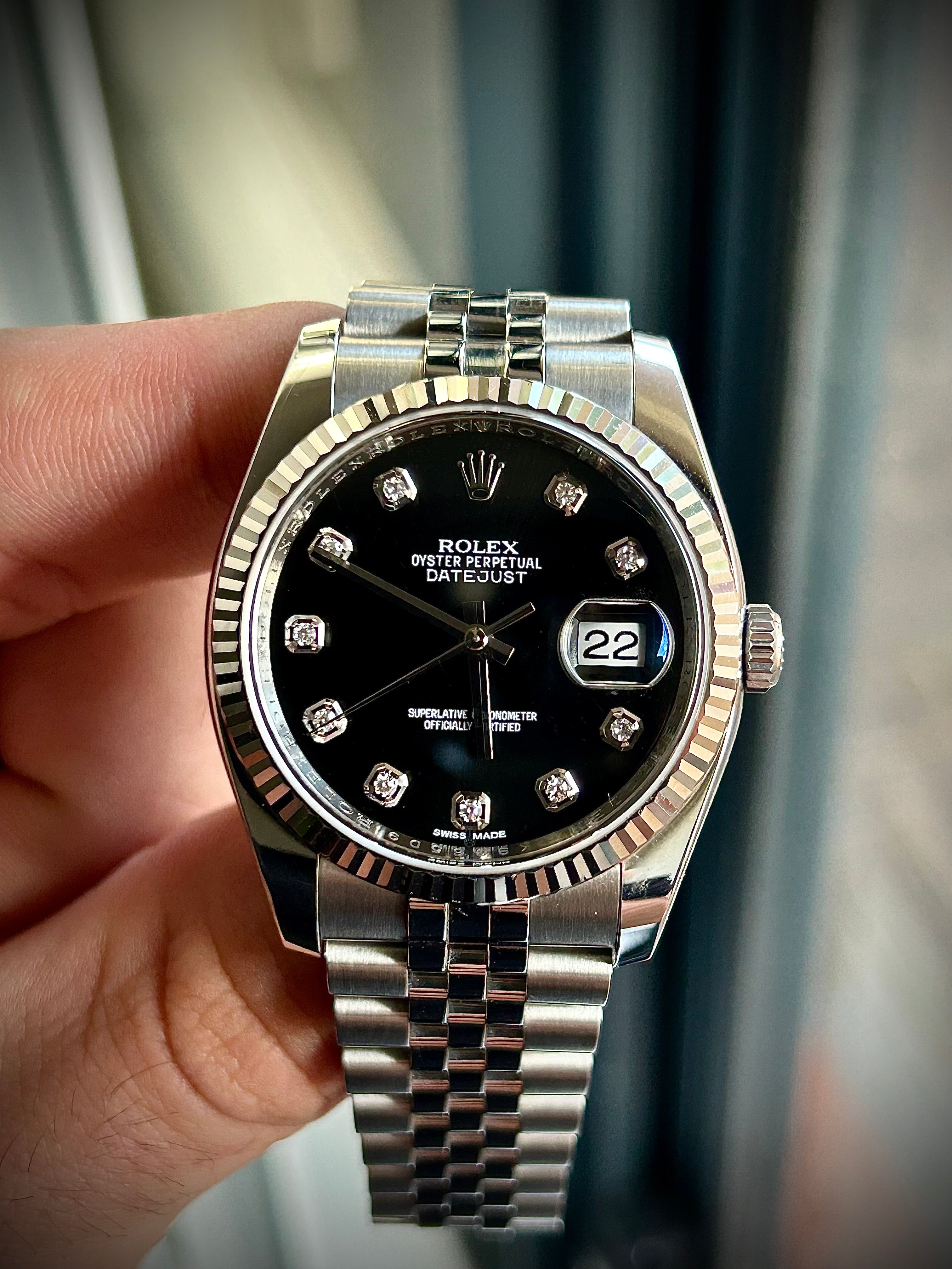 2013 ROLEX DATEJUST 36, 116234G, BLACK DIAMOND DIAL, FULL SET, INC GST