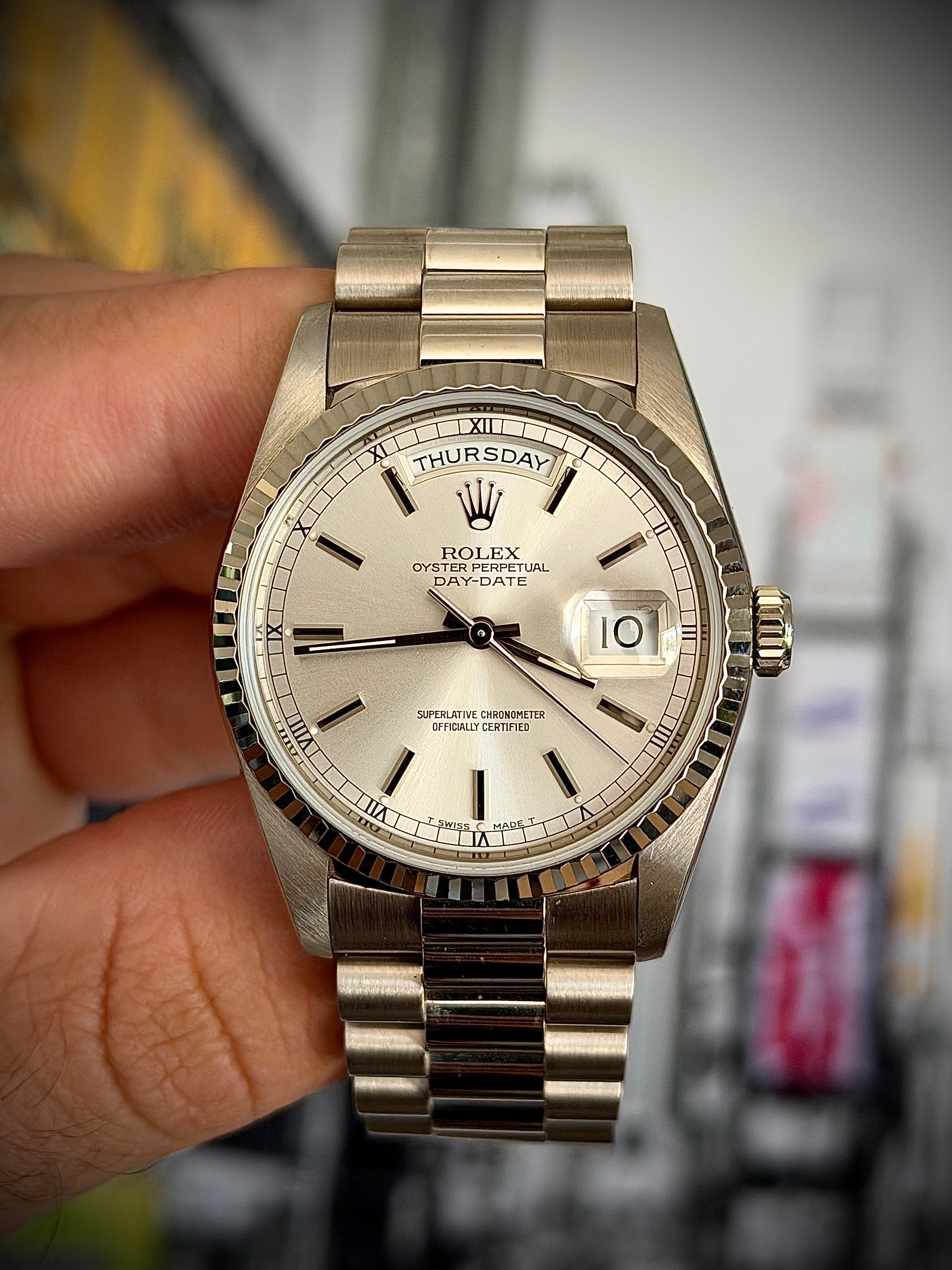 1994 ROLEX DAY-DATE 36, WHITE GOLD, 18239, BOX AND PAPERS, WITH RSC, INC GST
