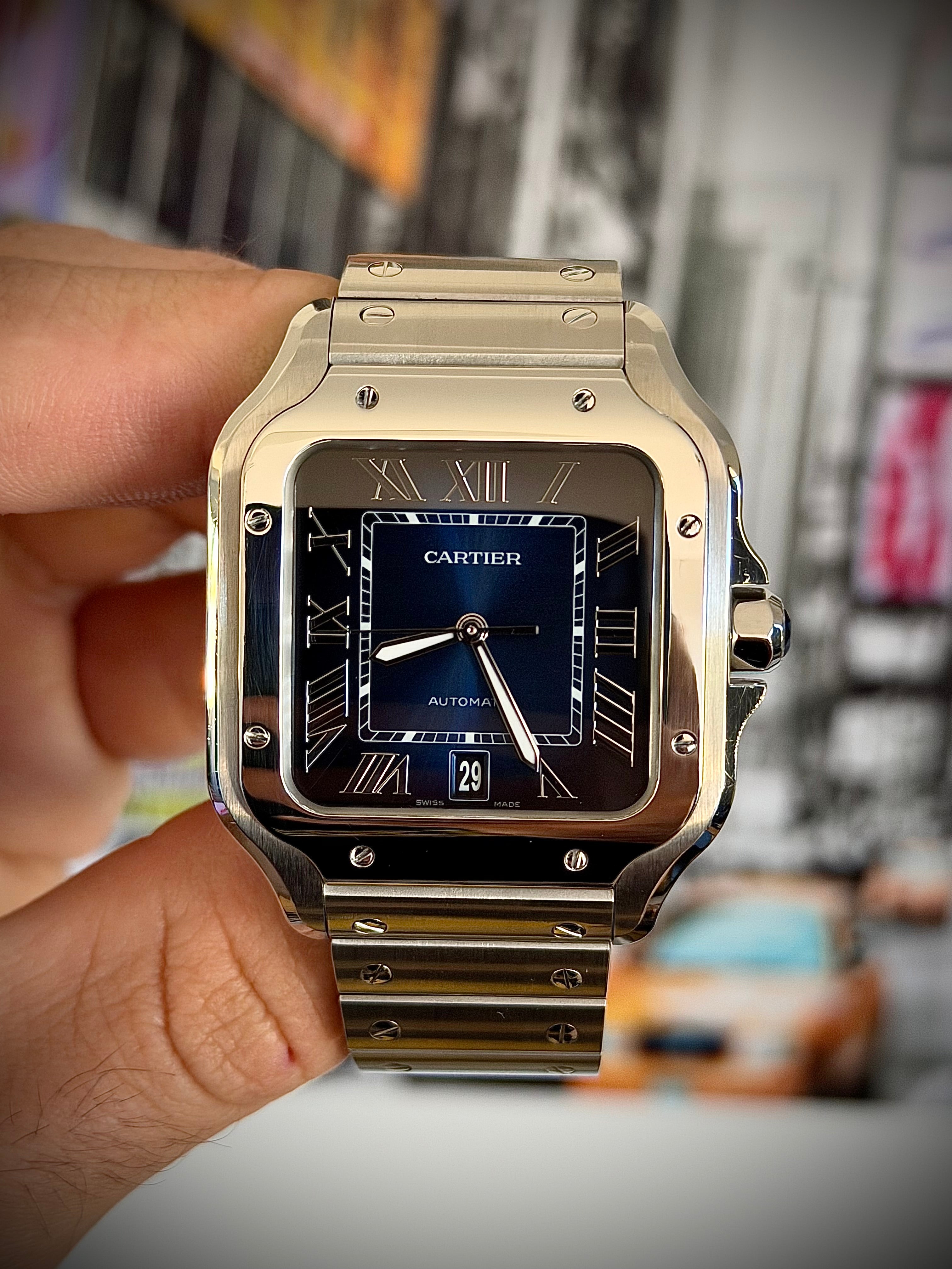 2024 CARTIER SANTOS DE CARTIER LARGE, BLUE DIAL, WSSA0030, BOX AND PAPERS, INC GST