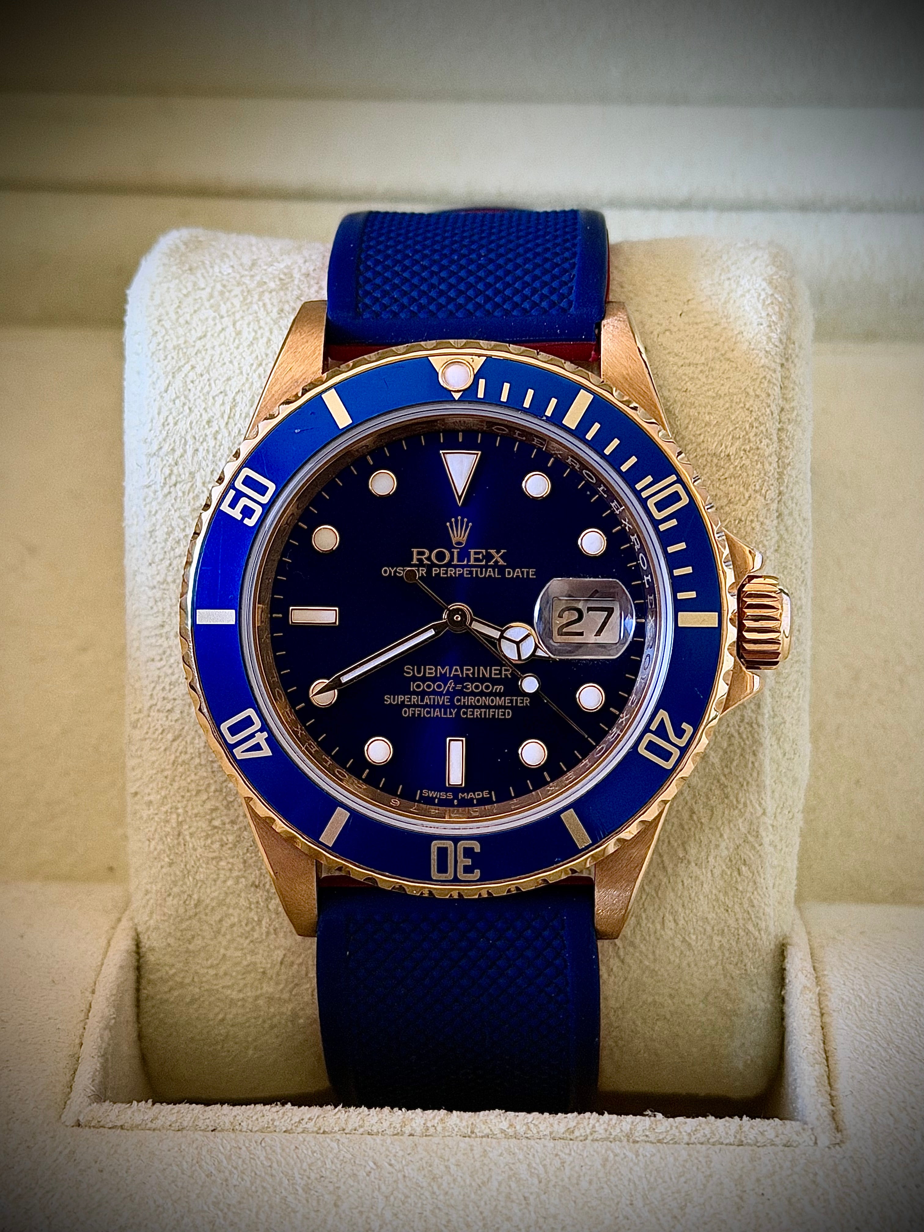 2007 ROLEX SUBMARINER DATE, 16618LB, ENGRAVED REHAUT, BOX AND PAPERS, INC GST