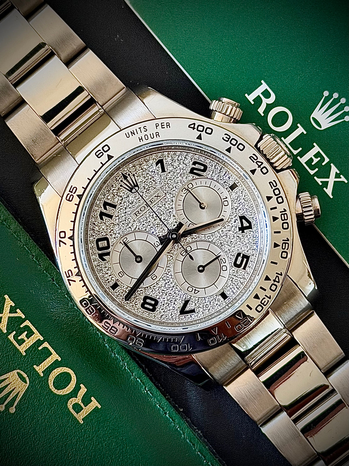 2008 ROLEX COSMOGRAPH DAYTONA, 116509, 18CT WHITE GOLD, FACTORY DIAMOND PAVÉ DIAL, BOX AND PAPERS, EXCELLENT CONDITION, INC GST