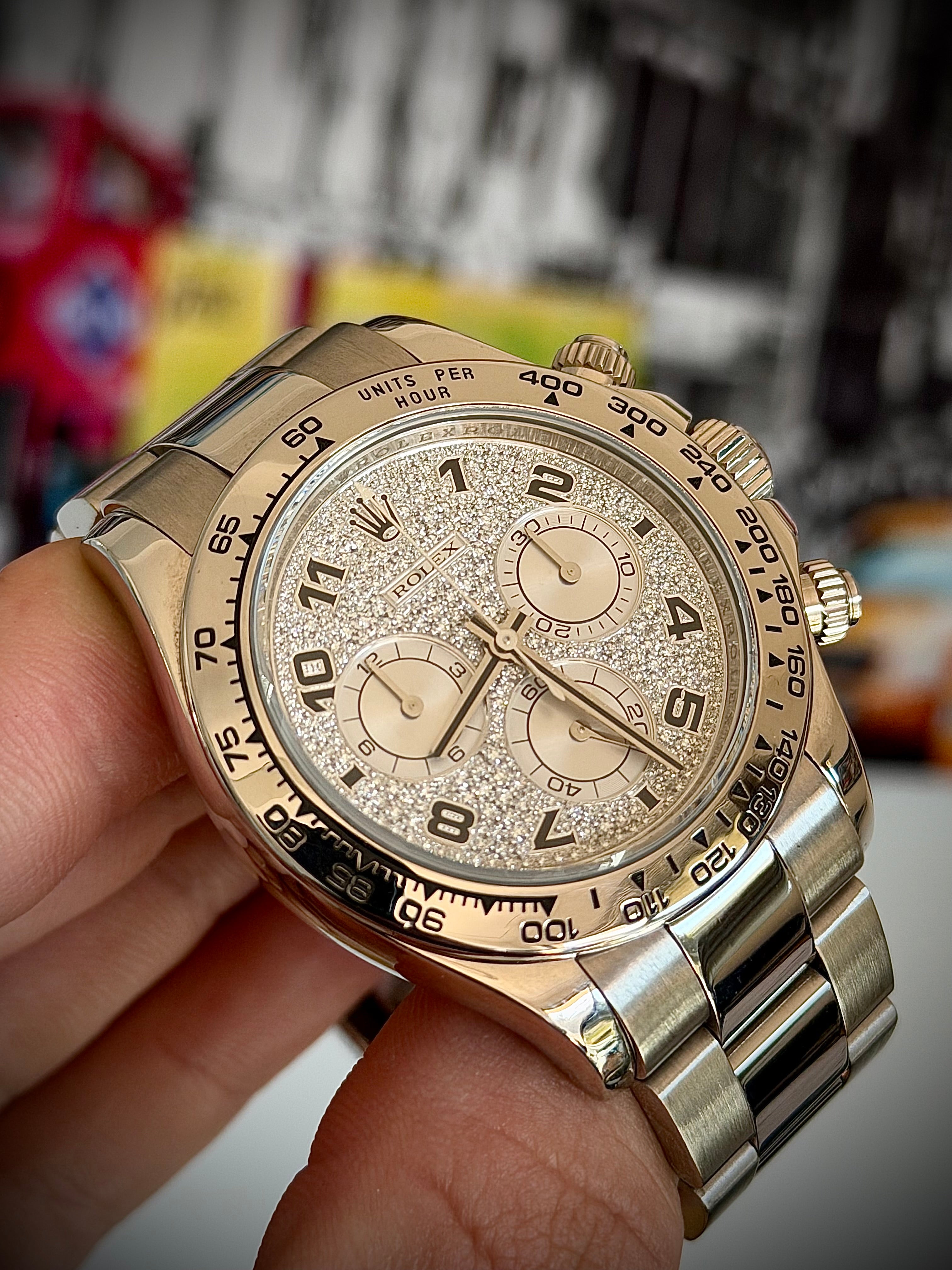 2008 ROLEX DAYTONA 18CT WHITE GOLD, 116509, FACTORY DIAMOND PAVÉ ARABIC DIAL, FULL SET, INC GST