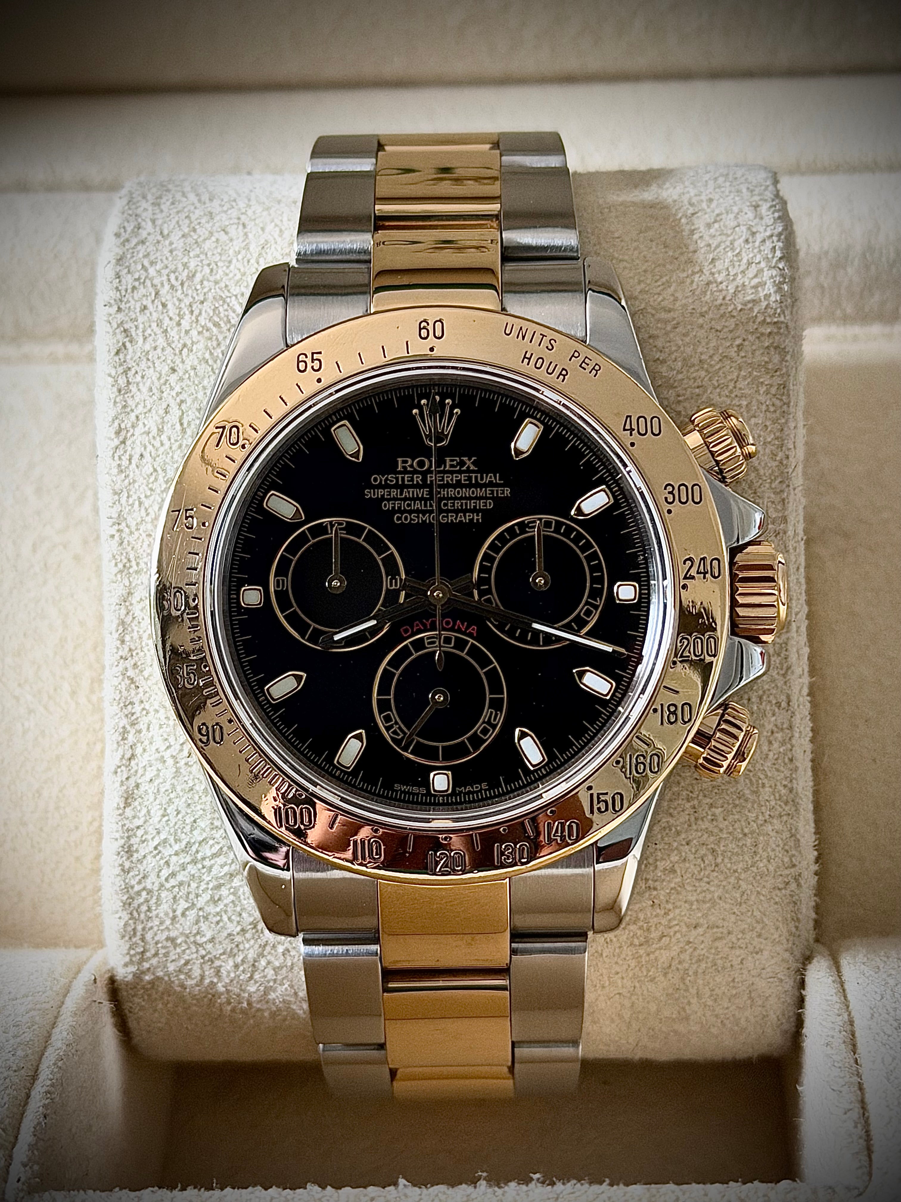 2002 ROLEX COSMOGRAPH DAYTONA, BLACK DIAL, TWO TONE, 116523, WATCH ONLY, INC GST
