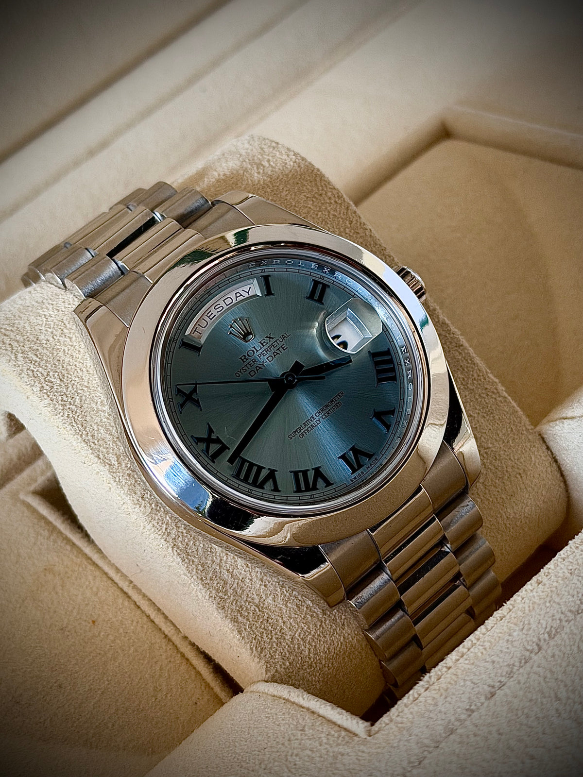 2014 ROLEX DAY-DATE II, 218206, PLATINUM, BLUE ROMAN DIAL, BOX & PAPERS, EXCELLENT CONDITION, INC GST