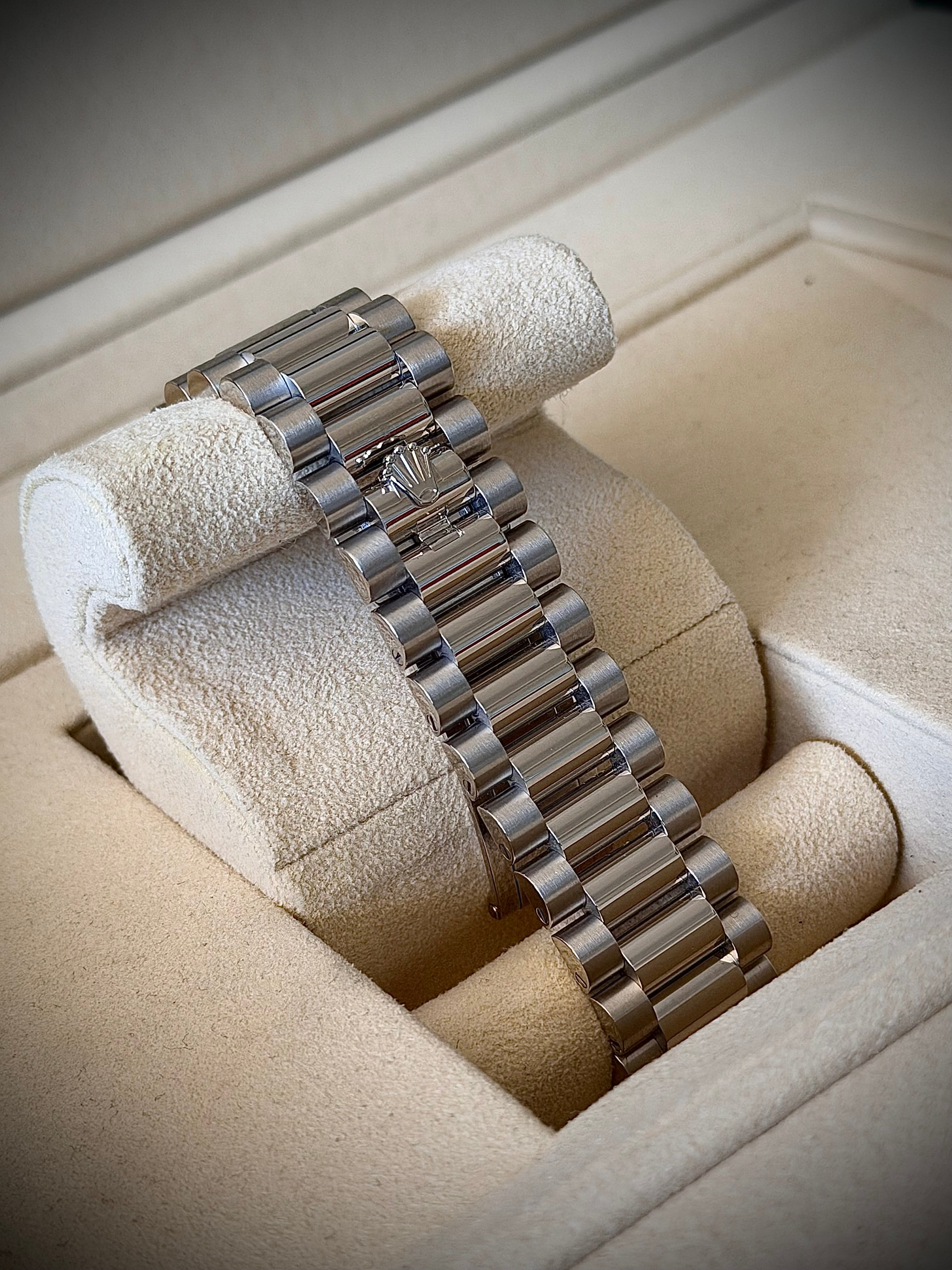 2025 ROLEX DAY-DATE 36 PLATINUM, ICE BLUE ROMAN DIAL, 128236, FULL SET, INC GST