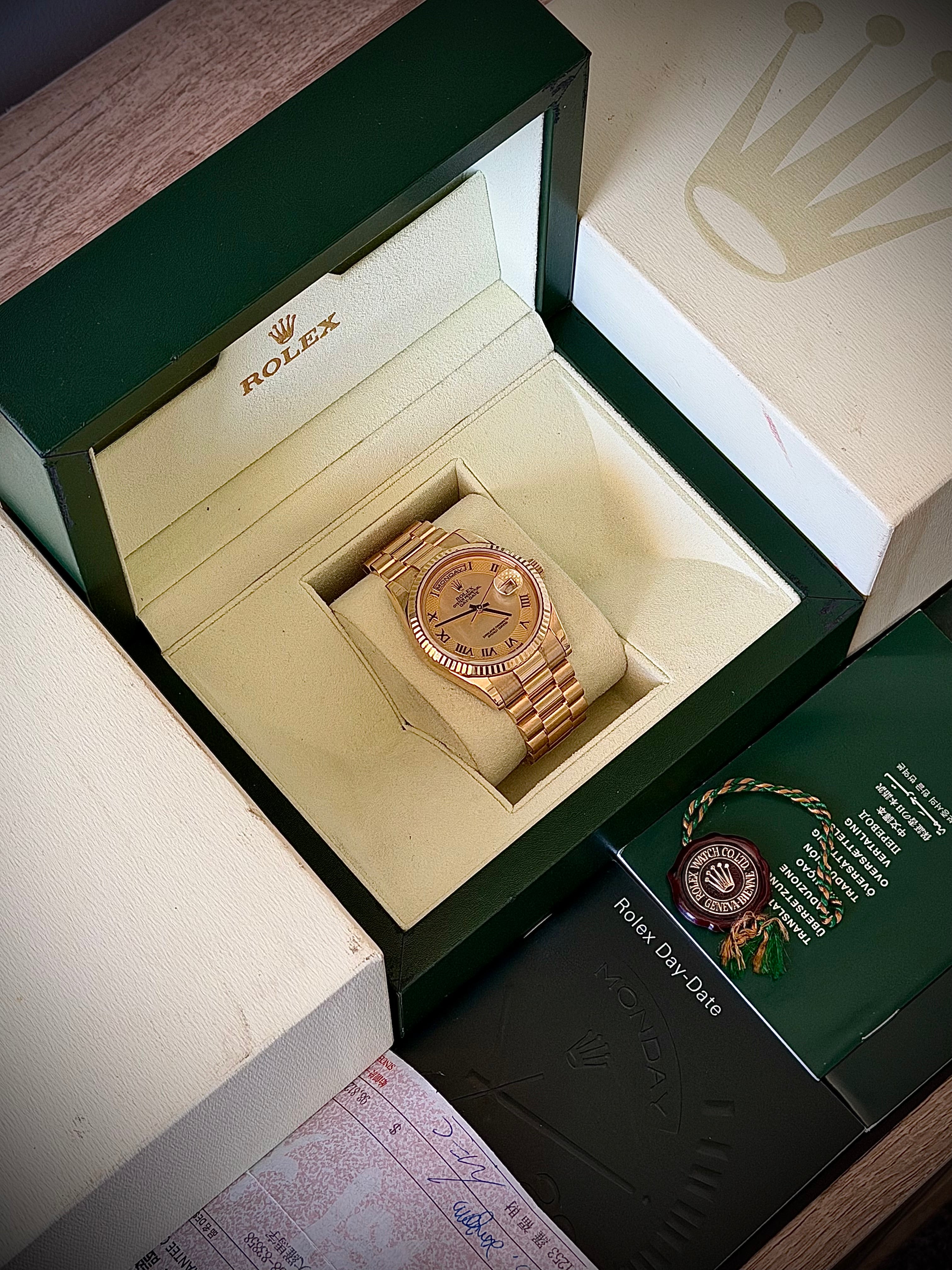 2001 ROLEX DAY-DATE PRESIDENT, 118238, FACTORY SECTOR MOTHER OF PEARL DIAL, BOX AND BOOKLETS W/ORIGINAL RECEIPT, INC GST