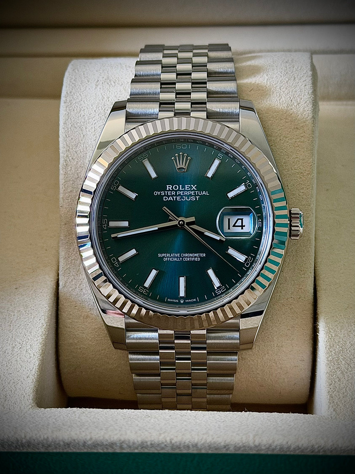 2026 ROLEX DATEJUST 41, 126334, MINT GREEN DIAL, FLUTED BEZEL, JUBILEE BRACELET, FULL SET, INC GST