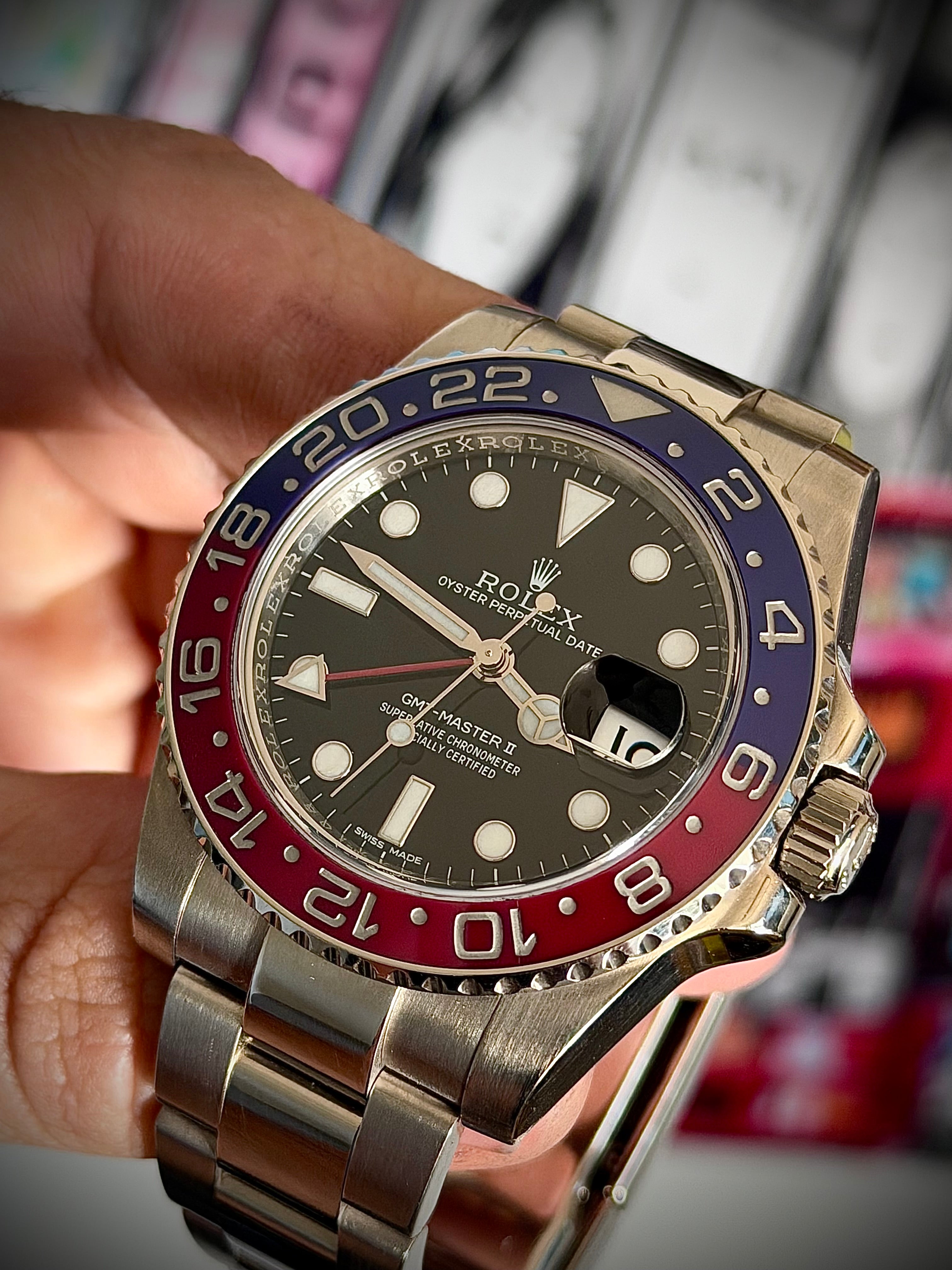 2015 ROLEX GMT MASTER II, PEPSI, WHITE GOLD, BLACK DIAL, 116719BLRO, BOX AND PAPERS, INC GST