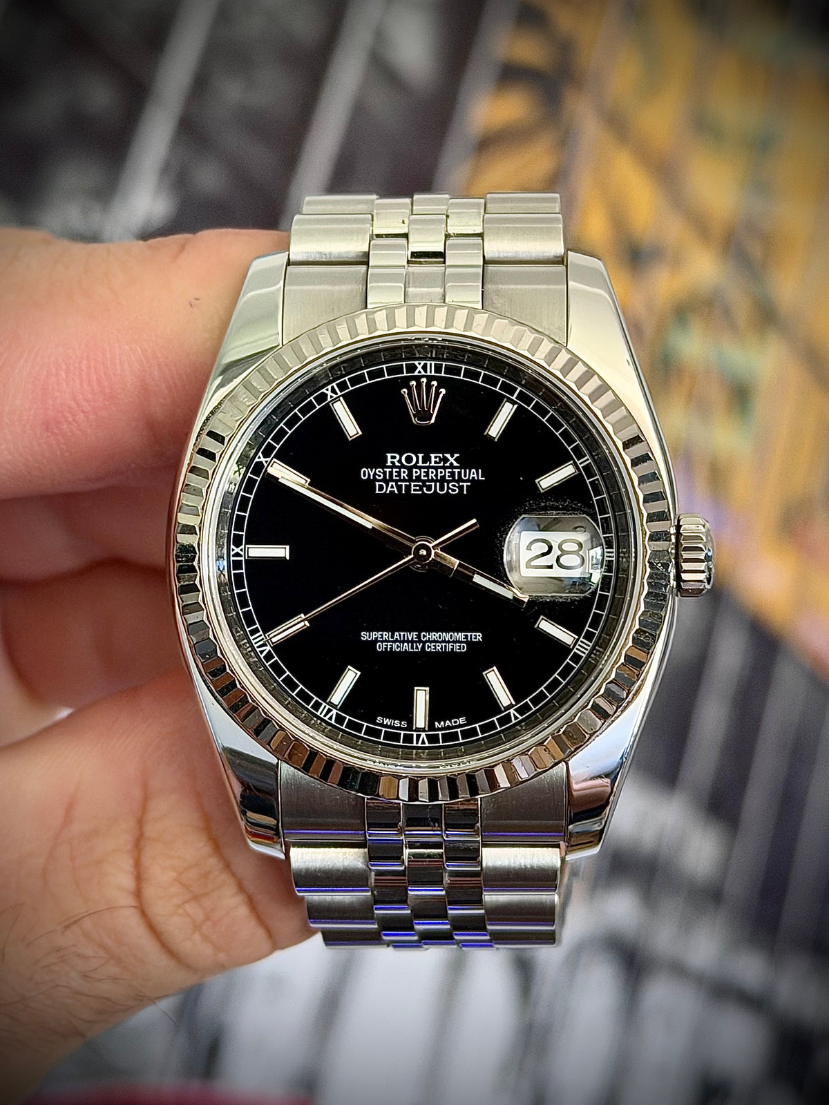 2009 ROLEX DATEJUST 36, 116234, FLUTED BEZEL, SUPER JUBILEE BRACELET, ROULETTE DATE WHEEL, WATCH ONLY, INC GST