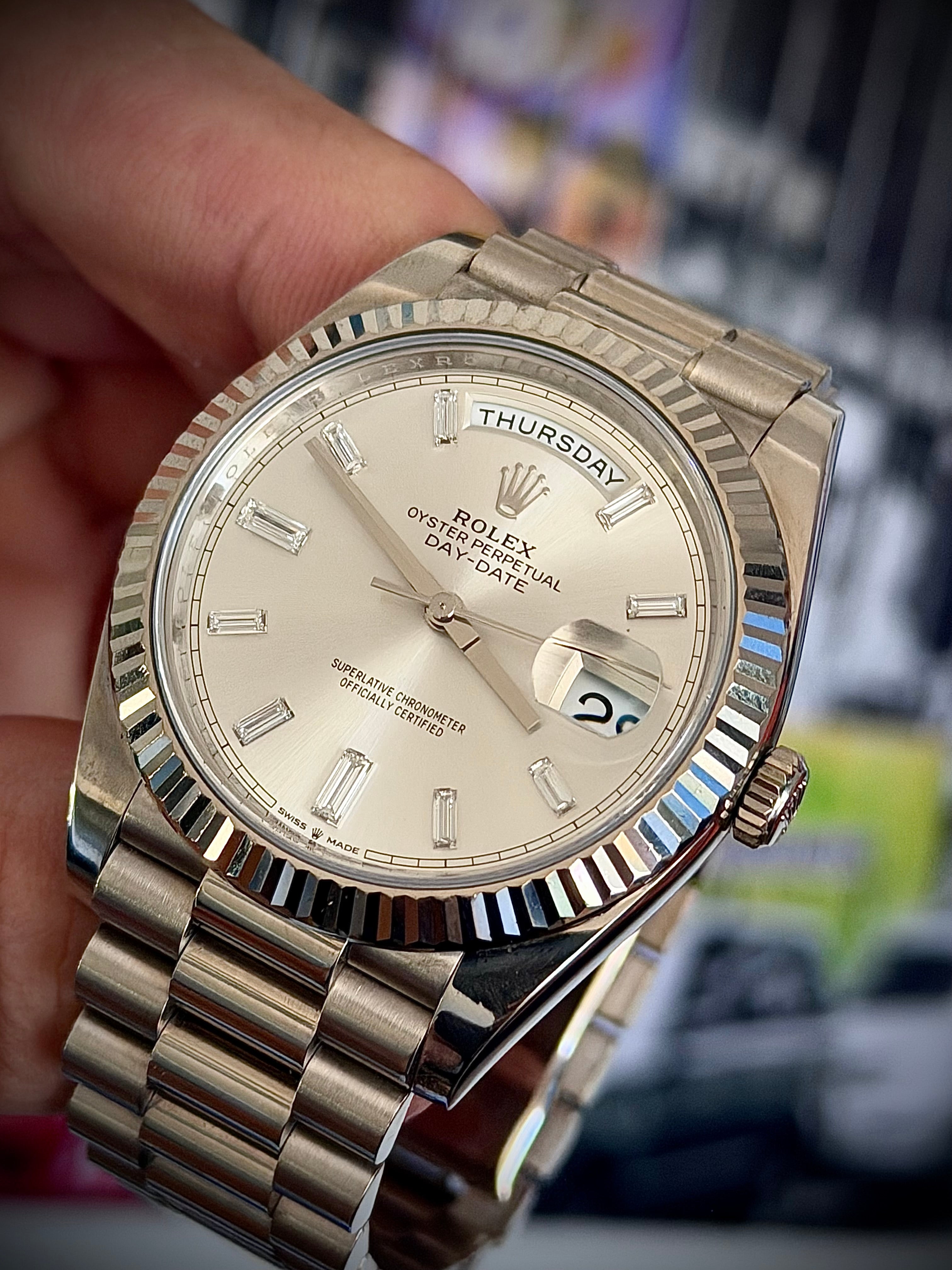 2020 ROLEX DAY-DATE 40, 228239, SILVER DIAMOND BAGUETTE DIAL, FULL SET, INC GST