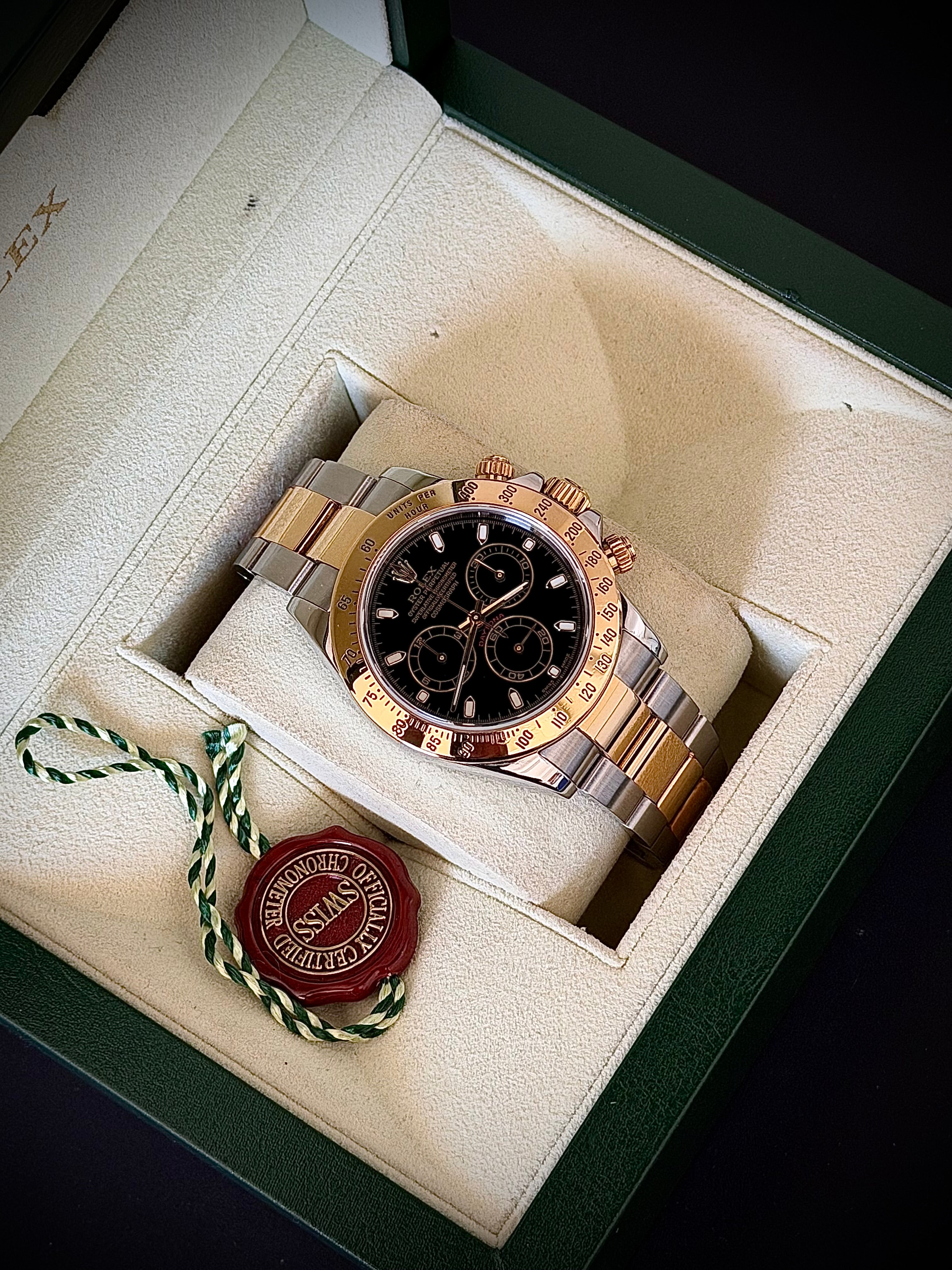 2003 ROLEX COSMOGRAPH DAYTONA, BLACK DIAL, TWO TONE, 116523, WATCH AND BOX, INC GST