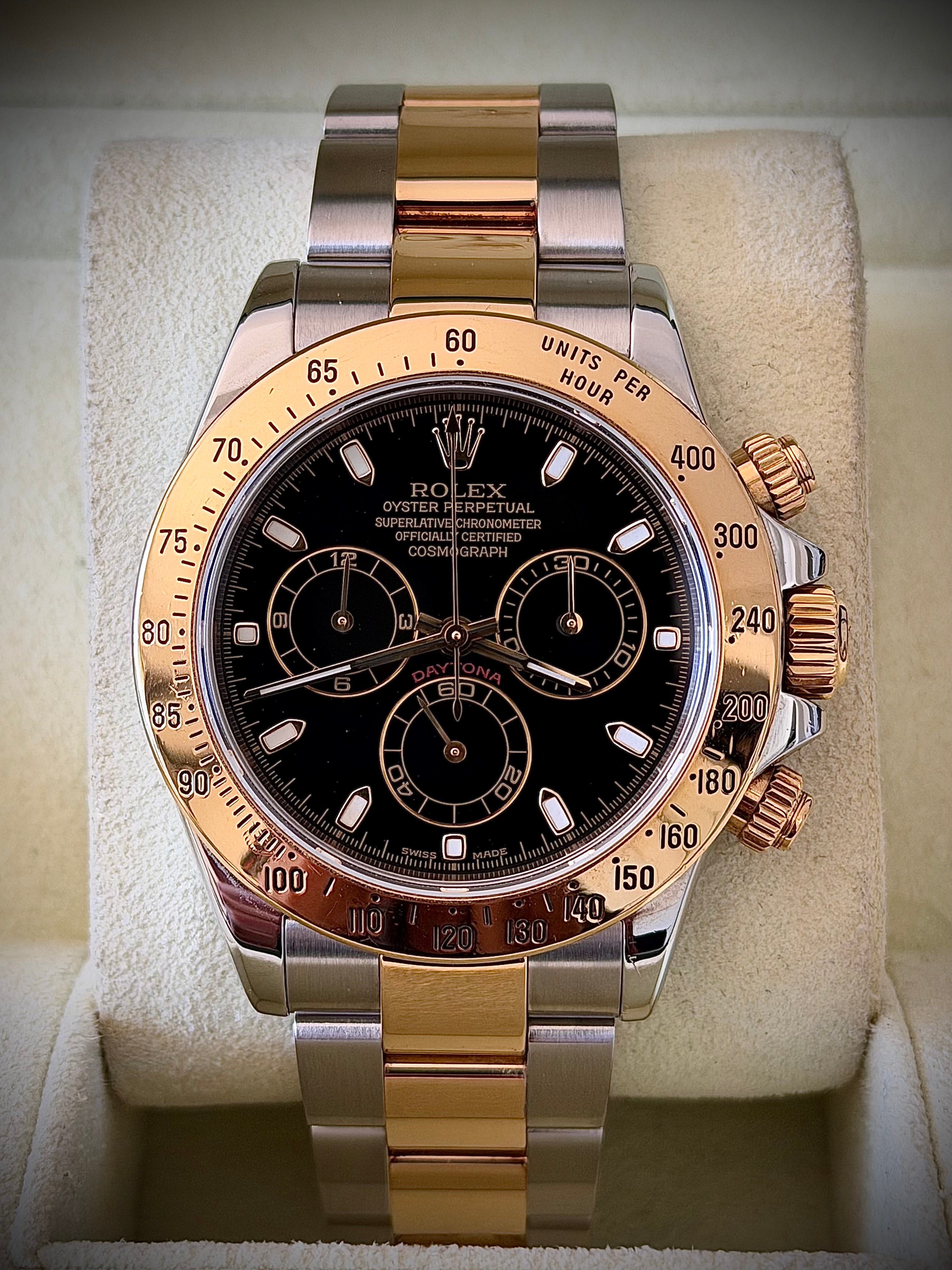 2003 ROLEX COSMOGRAPH DAYTONA, BLACK DIAL, TWO TONE, 116523, WATCH AND BOX, INC GST
