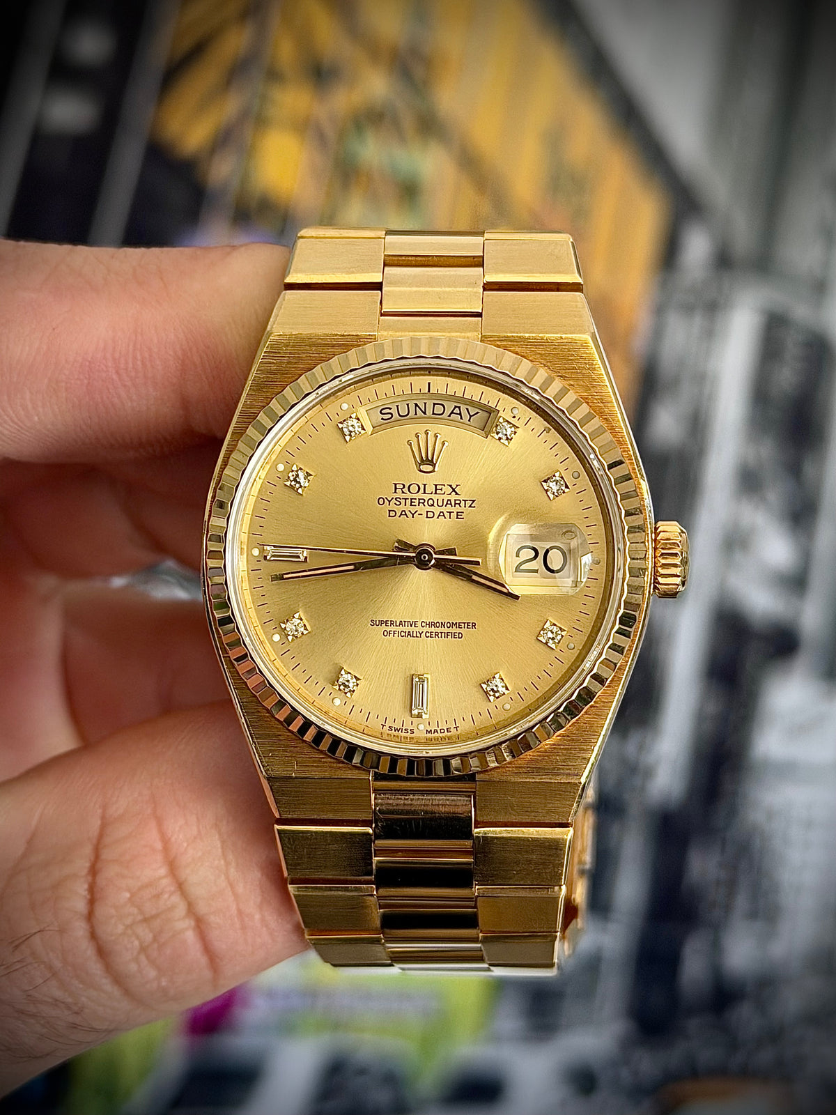 1978 ROLEX OYSTERQUARTZ DAY-DATE 36, 19018, CHAMPAGNE DIAMOND DIAL, 18CT YELLOW GOLD, WATCH ONLY, INC GST
